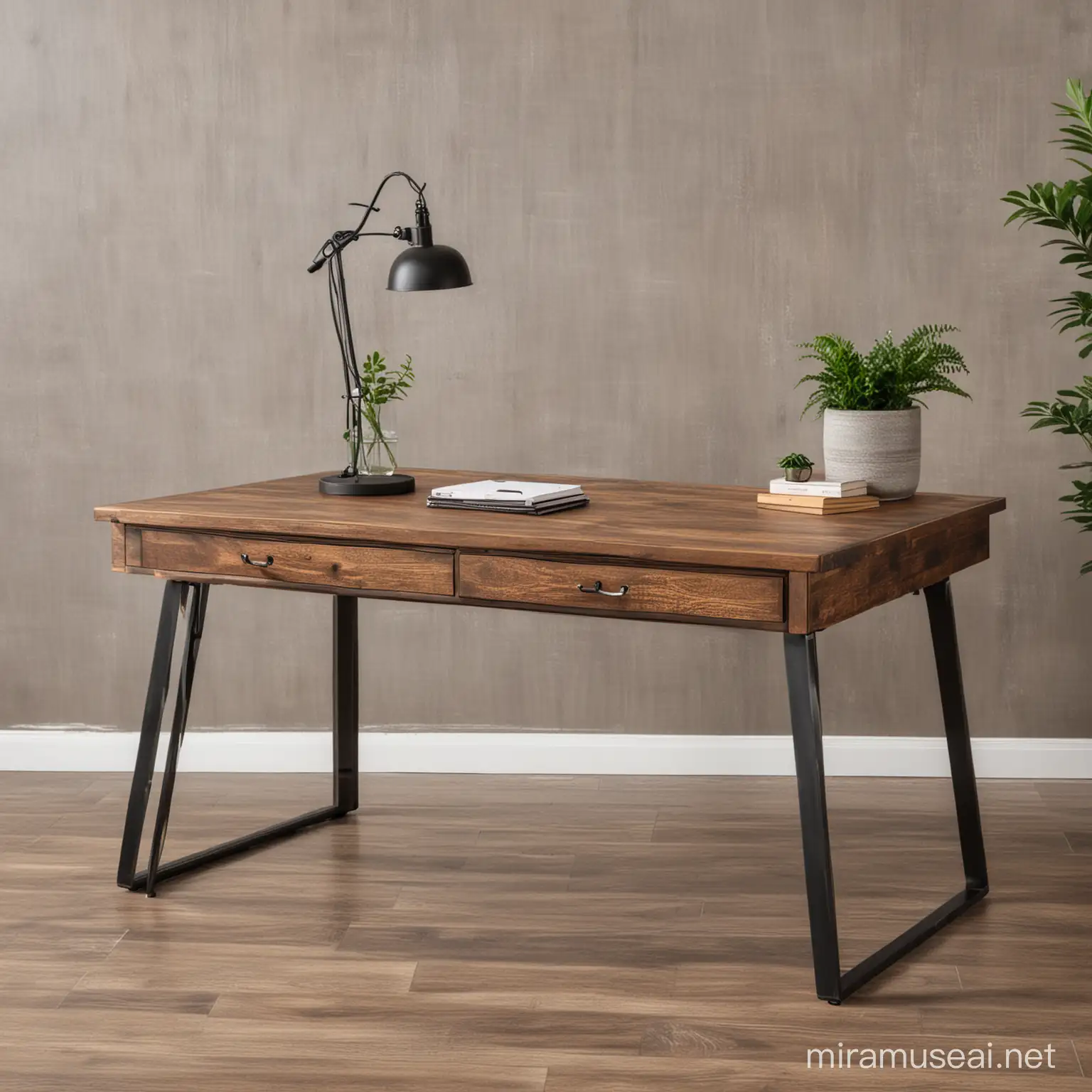 Rustic Brown Office Table with Vintage Desk Accessories