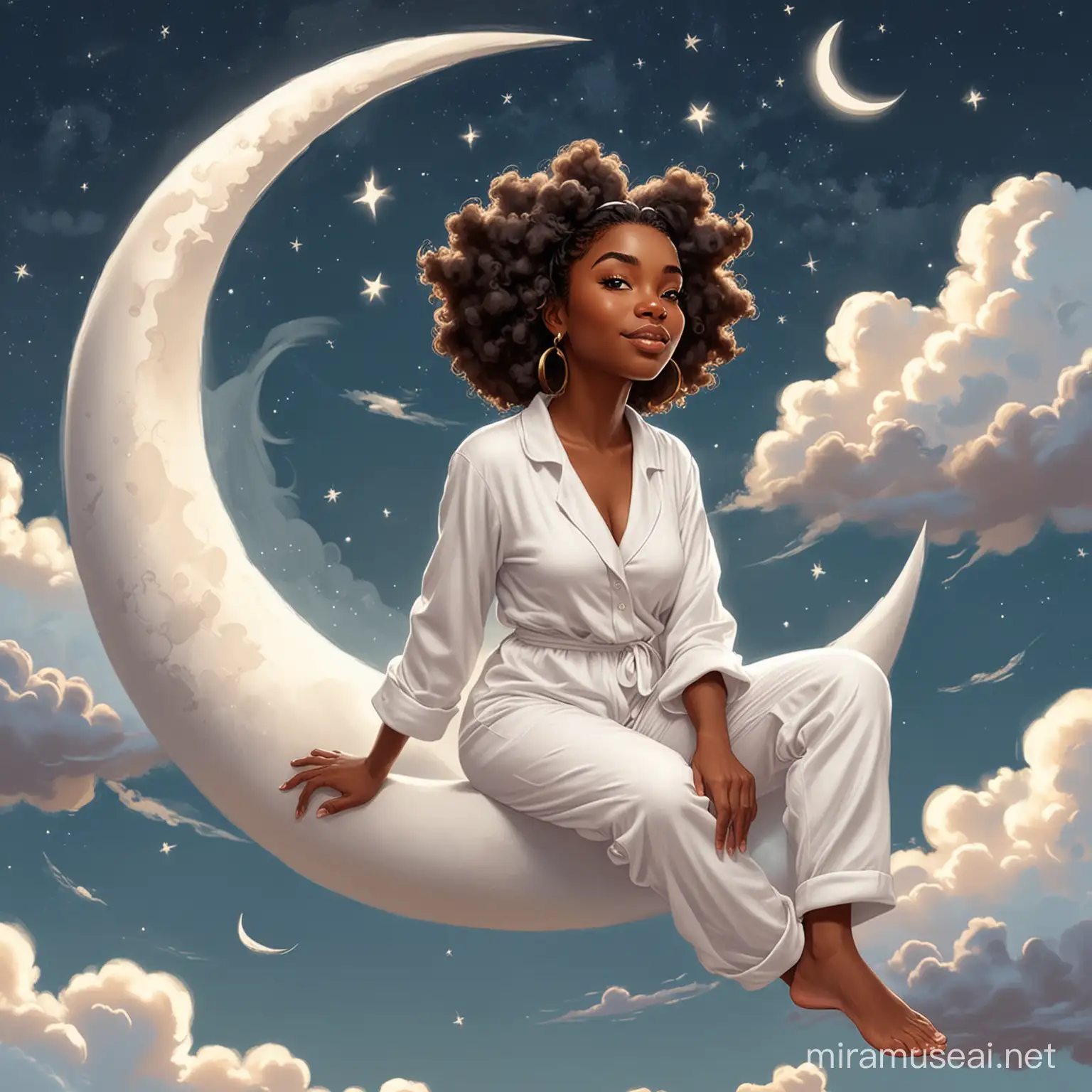 cartoon of black woman sitting on crescent moon with clouds in white pajamas