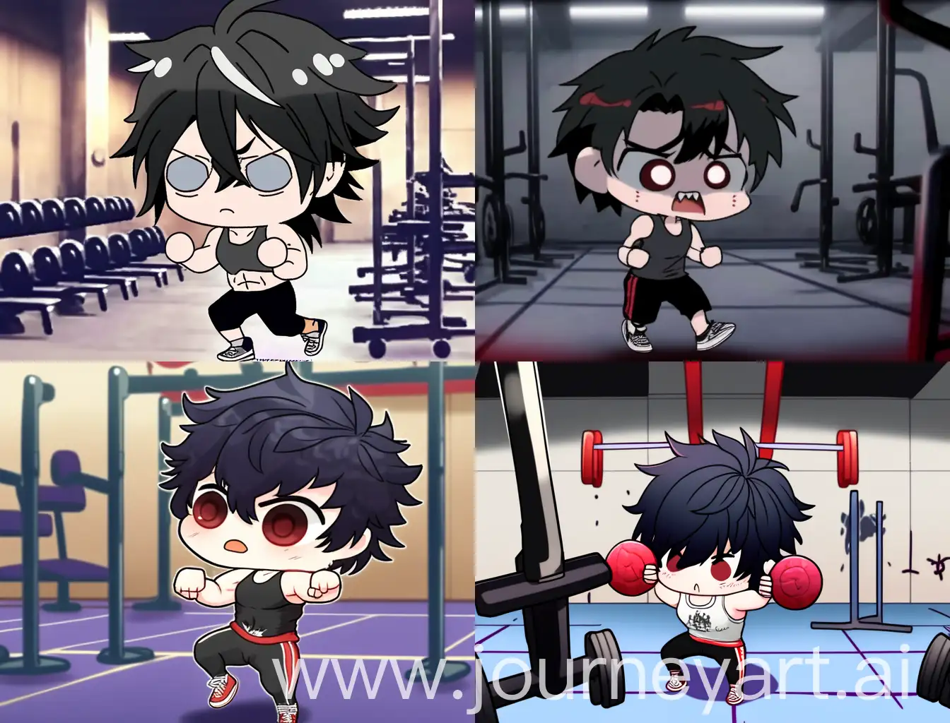 chibi emo boy doing gym fitness, with horror background, cartoon anime style, strong lines