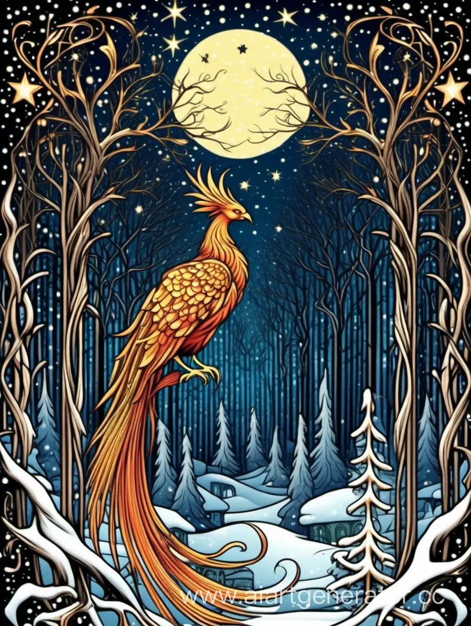 art  Nouveau, fantasy forest, beautiful fenix stands near by small old  pointed gothic arch, winter starry night
