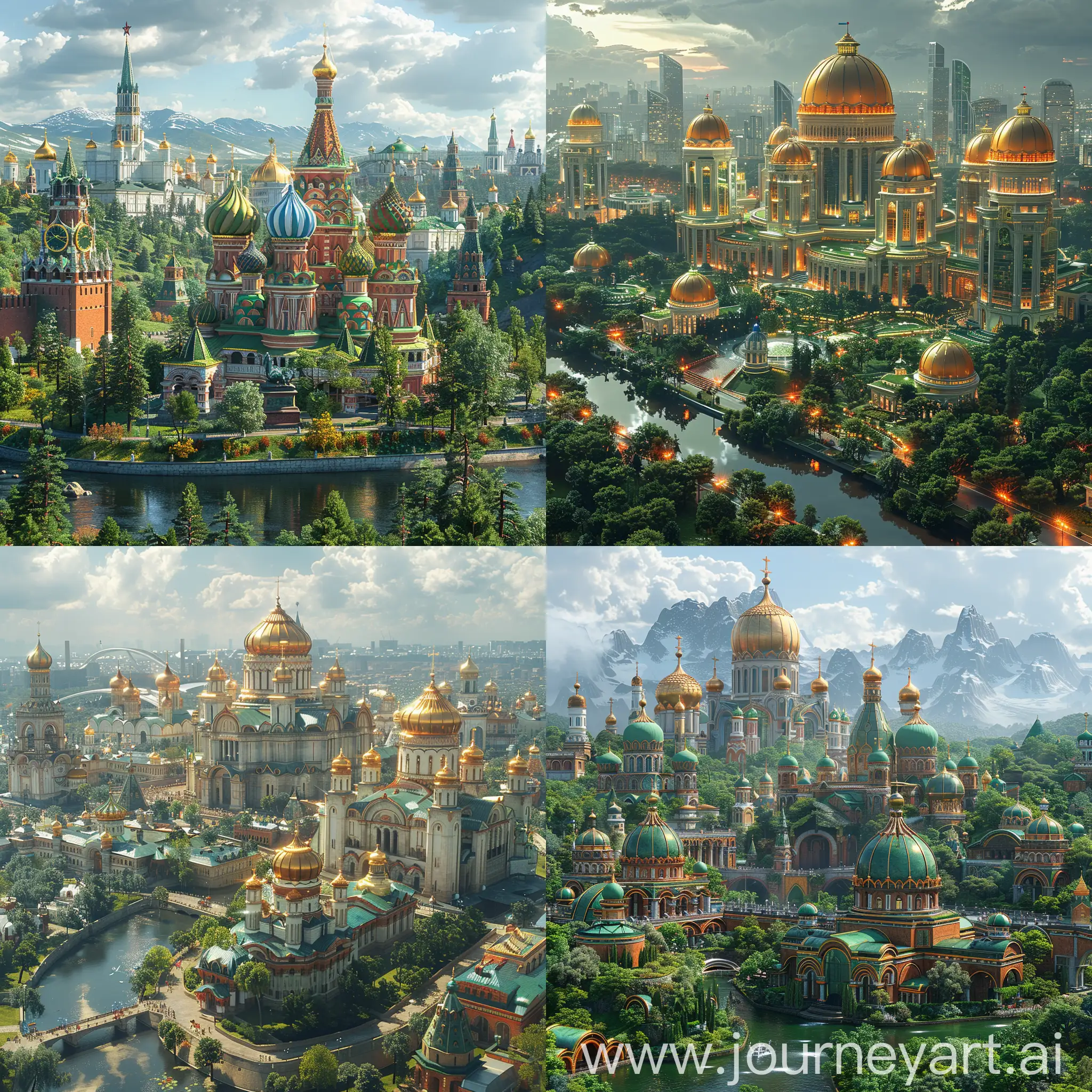 Futuristic Moscow, utopia, Sustainable Harmony, Climate-Controlled Cityscape, Green Oasis, Tech-Powered Efficiency, Smart Infrastructure, Universal Education and Healthcare, Thriving Community, Equitable Society, Vibrant Arts and Culture, A Blend of Old and New, Preserved Heritage, octane render --stylize 1000