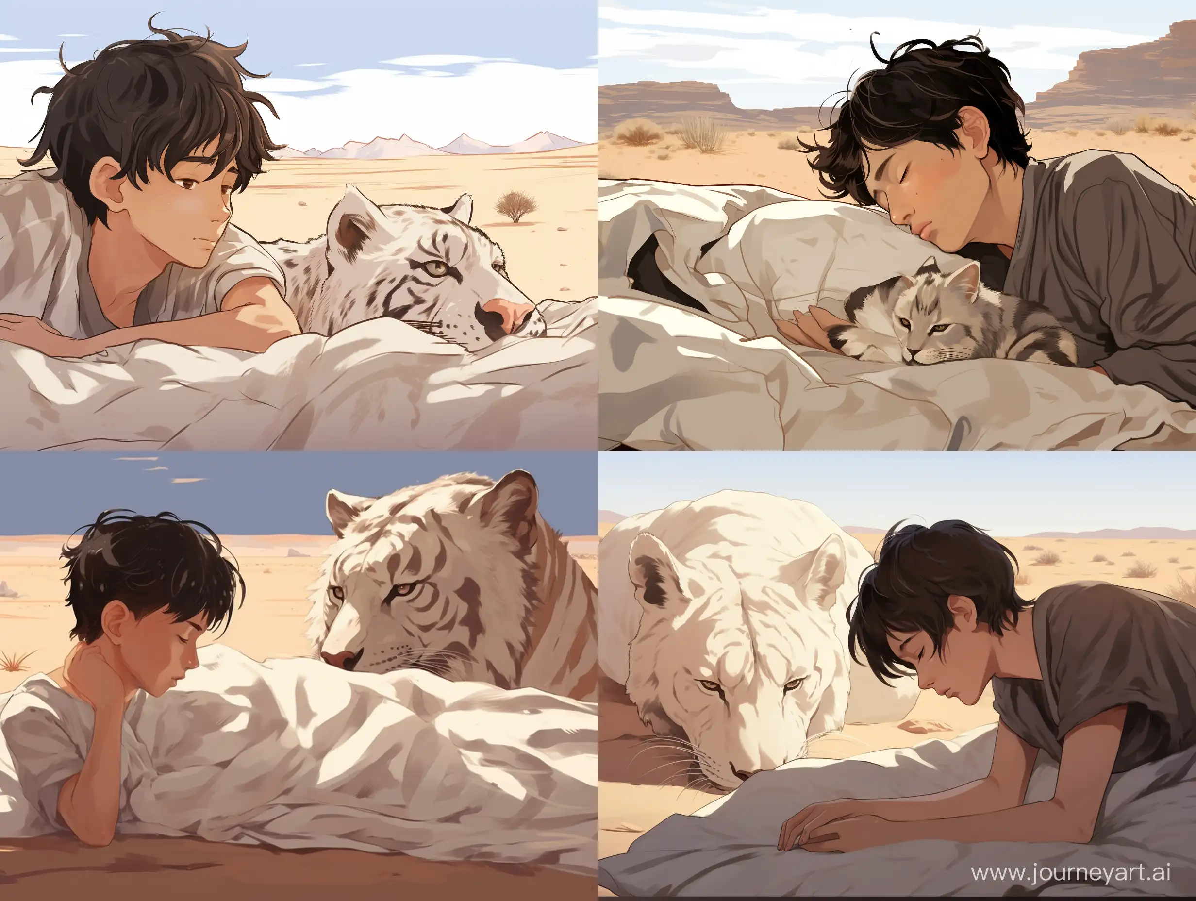 everything can be seen at a distance of 2 meters from an ordinary boy who is 180 cm tall, Asian, you can't see his face but you can see well lynx hair covers his eyes, black desert, black hair, he sleeps in a white t-shirt, he is spread out in bed, he is facing left side, the hand is under the desert, in the dark without light in the room, he is sleeping, his blanket is black, the blanket is covered to the waist of the body
