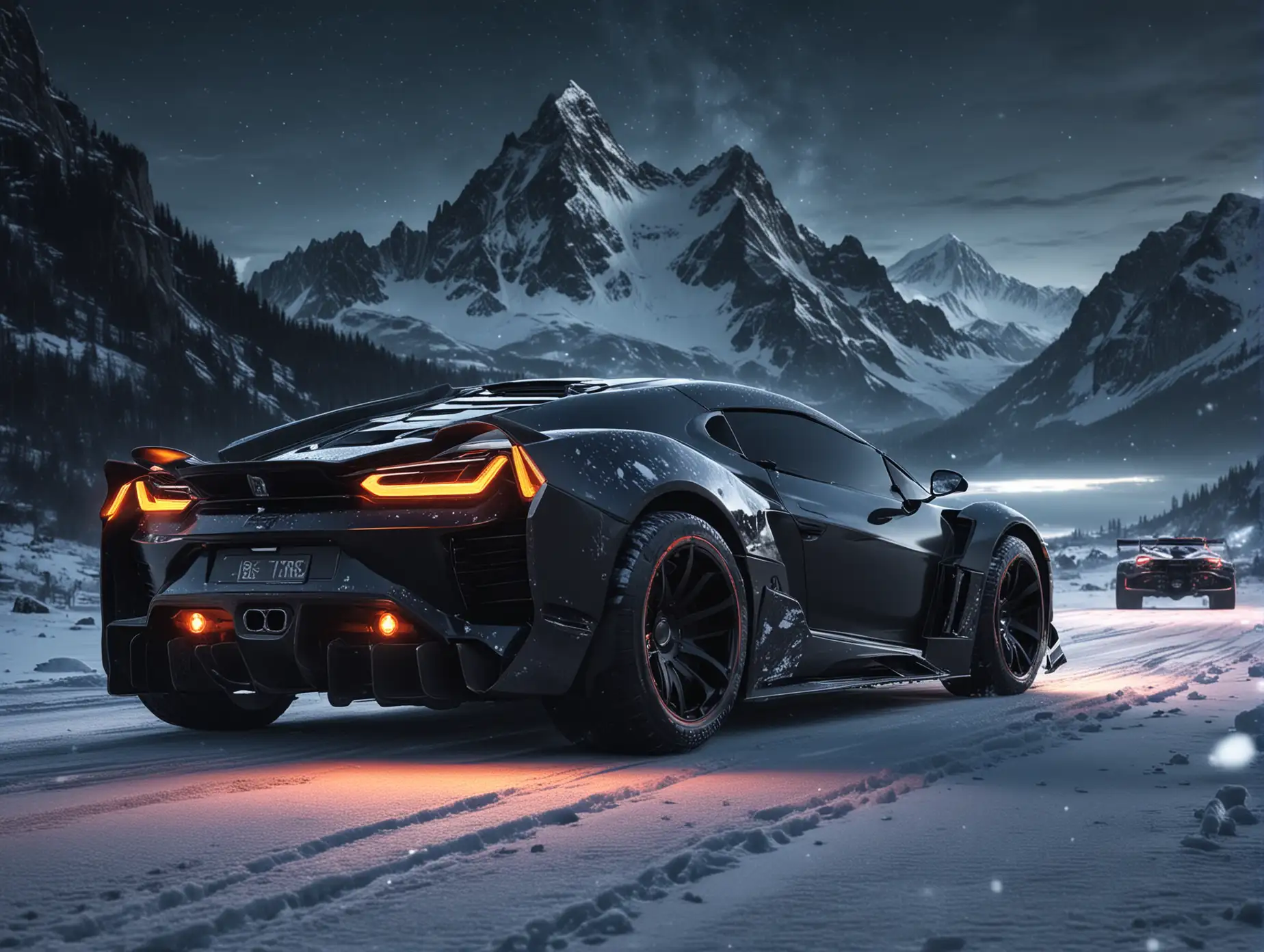 Create futuristic concept sport cars from 2500 years mix tuning type monsters driving at night on bright with mountains in background black color snow