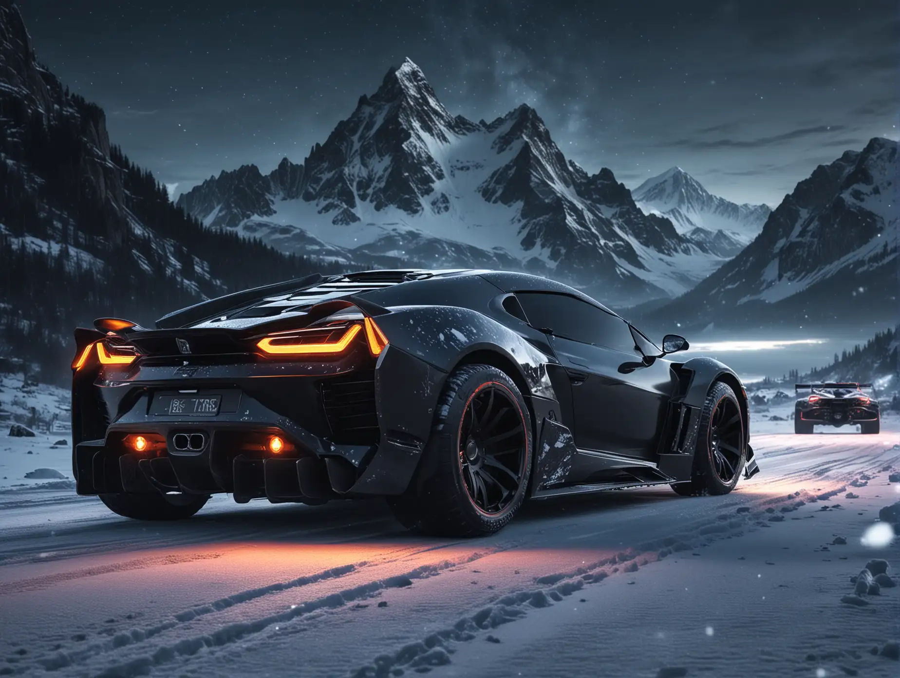 Create futuristic concept sport cars from 2500 years mix tuning type monsters driving at night on bright with mountains in background black color snow 