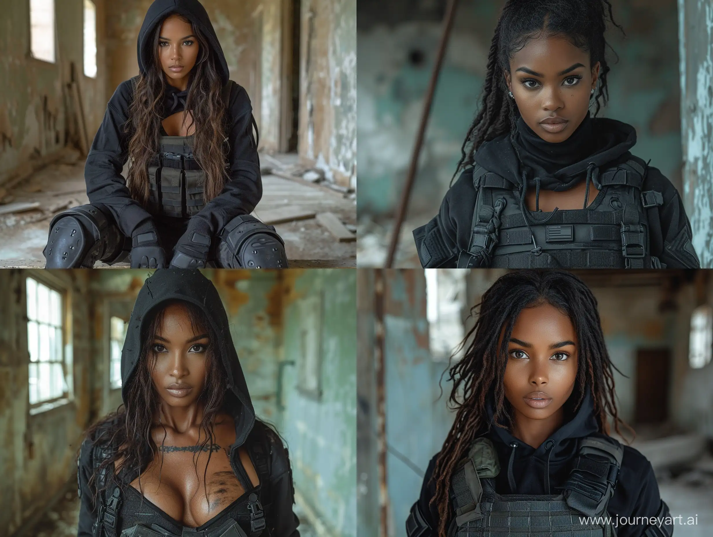 realistic beautiful mulatto skin female Sheva Alomar as mercenary in black tactical platecarrier black hoodie dark abandoned room --s 999 --style raw --v 6