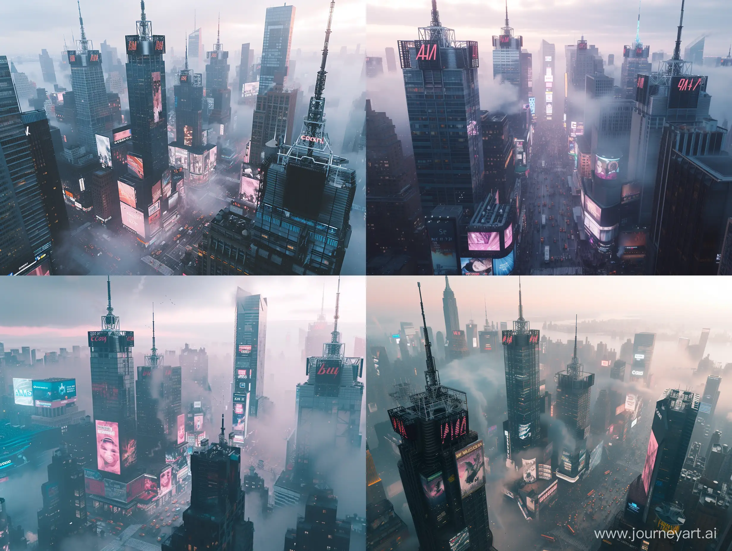 a bustling Procedural new york cityscape, the photo is bathed in natural lighting, relaxing setting. Shot in 4k with a high end DSLR camera. such as a Canon EOS R5 with a 50mm f/1. 2 lens, architectures, drone view, skyline, vivid, foggy, dystopian, science fiction, skyline, billboards, nature, year 2100 futuristic 

