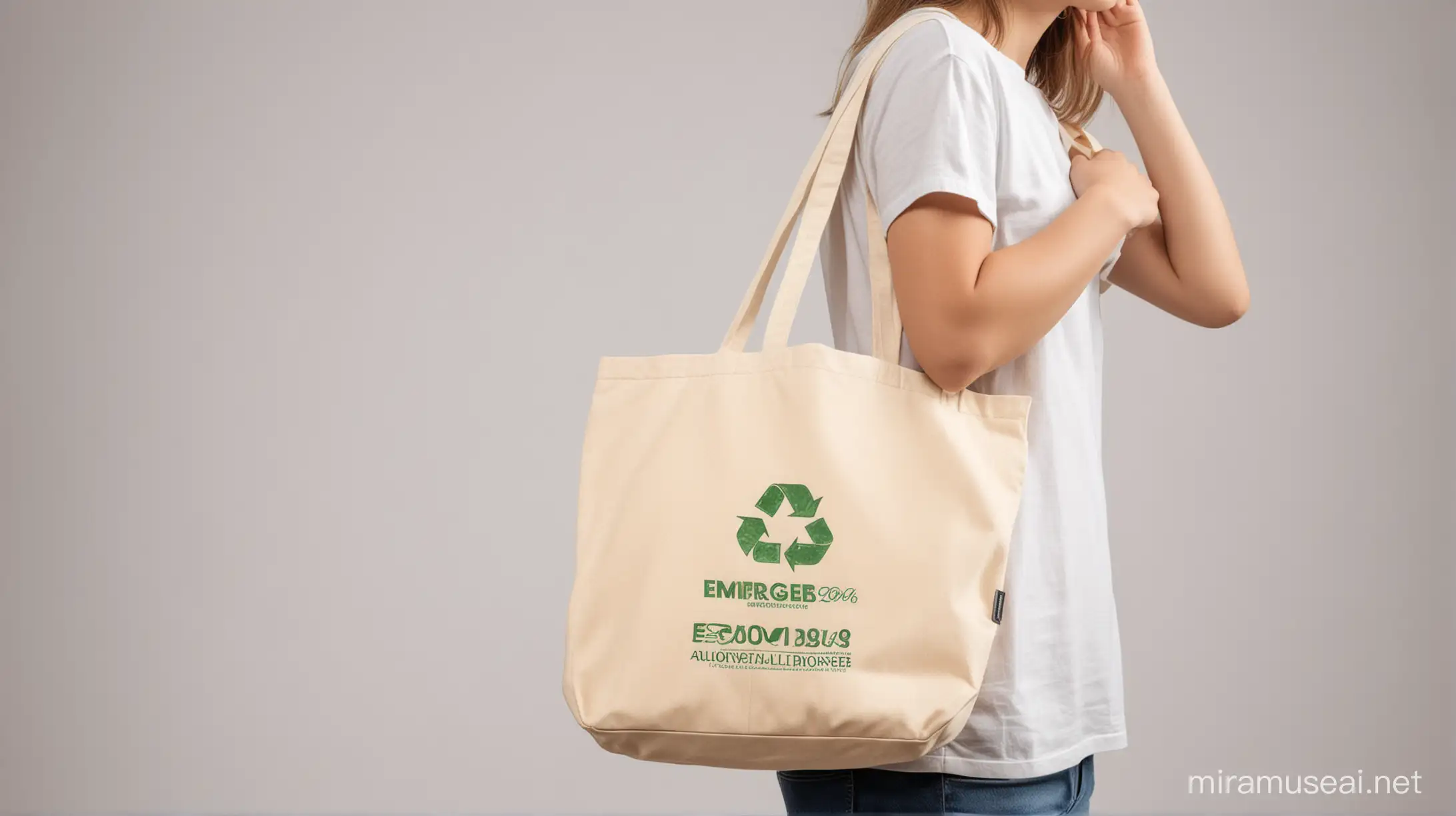 teenager with eco tote bag on shoulder side view light background mockup photo