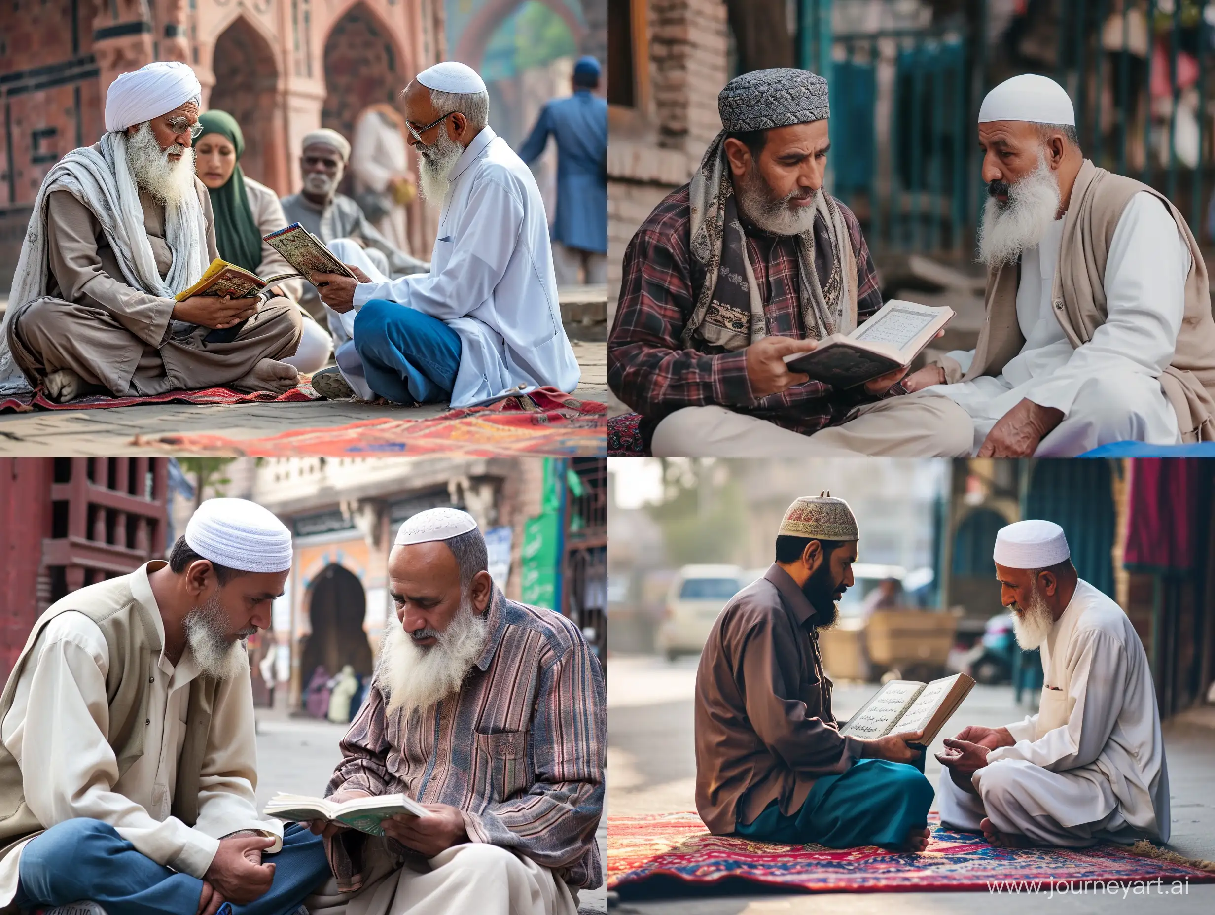 A Muslim teaches Muslims near a mosque on the street style