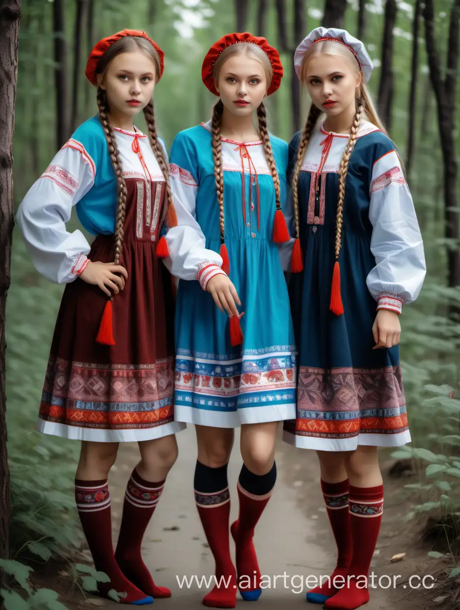Девушки в спущенных носках и русских национальных мини-платьях с длинными рукавами и косичками ищут клад, полный рост