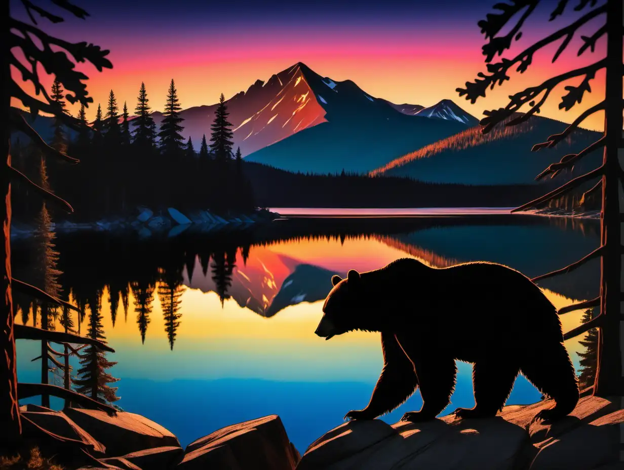rimlit standing black bear  silhouette in forest sunset with colorful mountain and lake in background, pine trees in foreground
