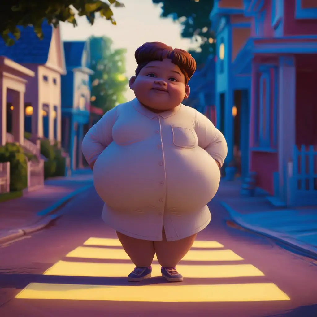 Толстая девочка стоит на светлой улице в рубашке длиной до колен 