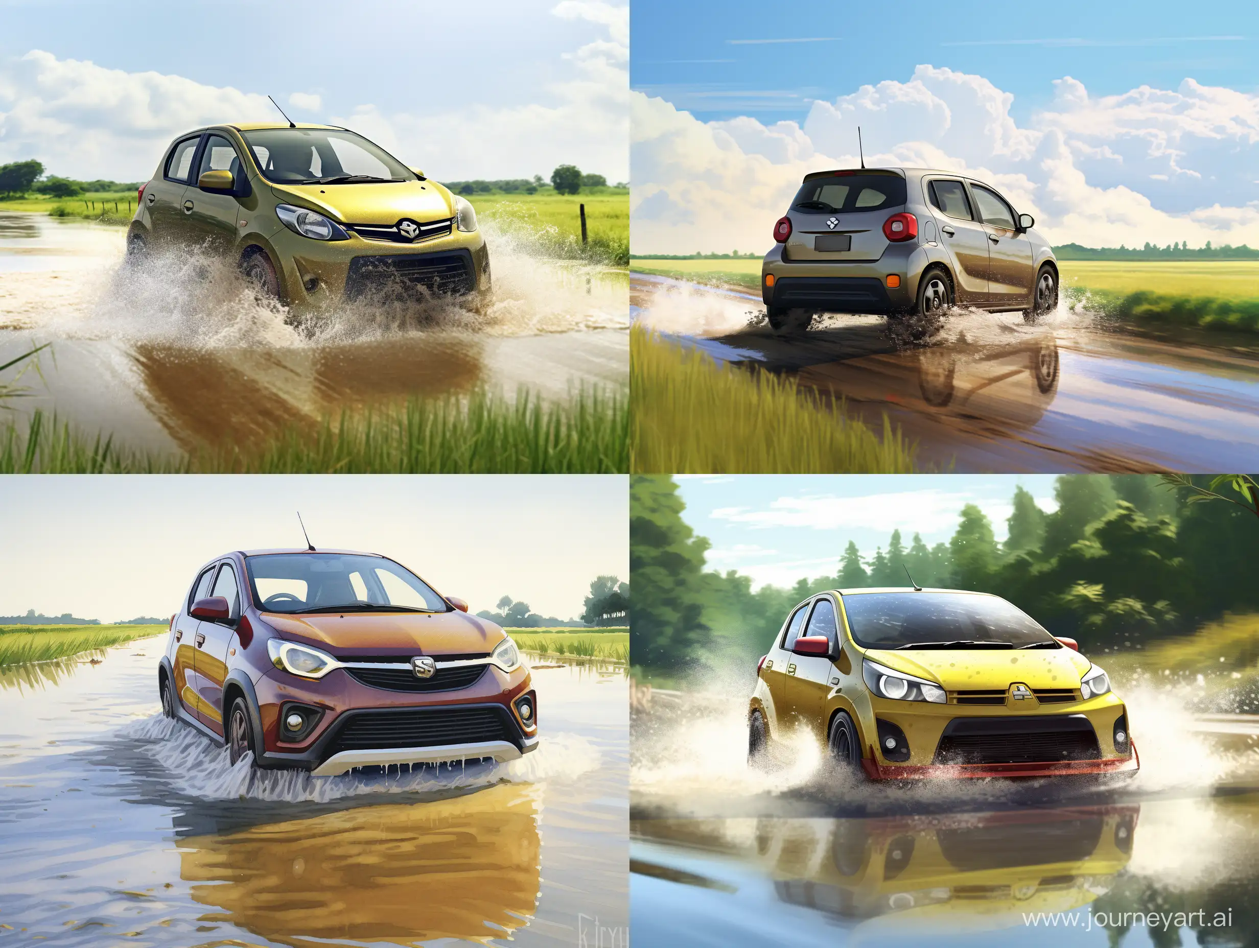 Ultra realistic, 
a malaysian car brand perodua myvi edition 'lagi best' in yellow. plate number NCP 451. through a road on the edge of a rice field. there are coconut trees and the morning sun. splashing water on the road. the chick is running.