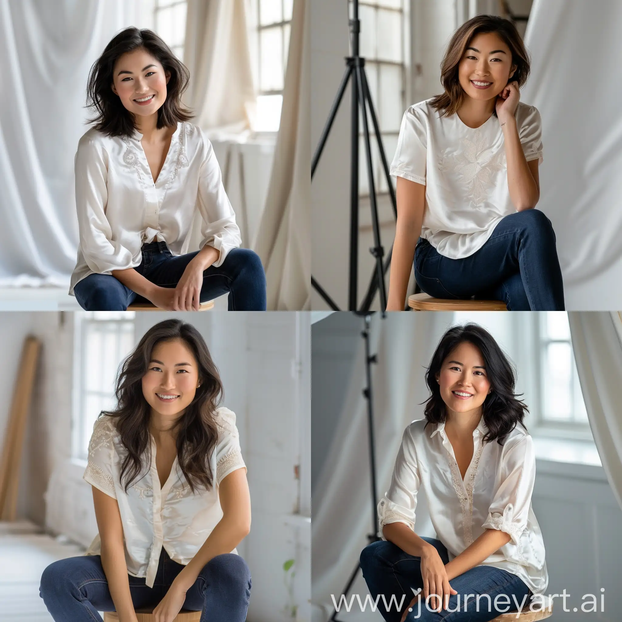An Asian woman in her mid-20s,
Sitting gracefully on a minimalist wooden stool, hands resting on her knees, head tilted slightly with a warm, friendly smile,
Mid-shot portrait, crisp details, Clean, uncluttered foreground, Subject in sharp focus, medium depth of field,
Wearing a simple, elegant white silk blouse with delicate embroidery and dark blue jeans,
Inside a bright, modern photography studio with white cyclorama walls,
Soft, even lighting illuminating the subject and background,
Studio setting: clean, professional, inviting,
Soft box lighting set up to create a flattering, wraparound light on the subject's face and body,
Midday, neutral white light creating a fresh, contemporary look,
Smooth, flawless skin texture, subtle texture of the silk blouse,
Clean, minimalistic composition with a focus on the subject's natural beauty and friendly expression,
Captured digitally with a high-resolution camera for a polished, modern aesthetic.