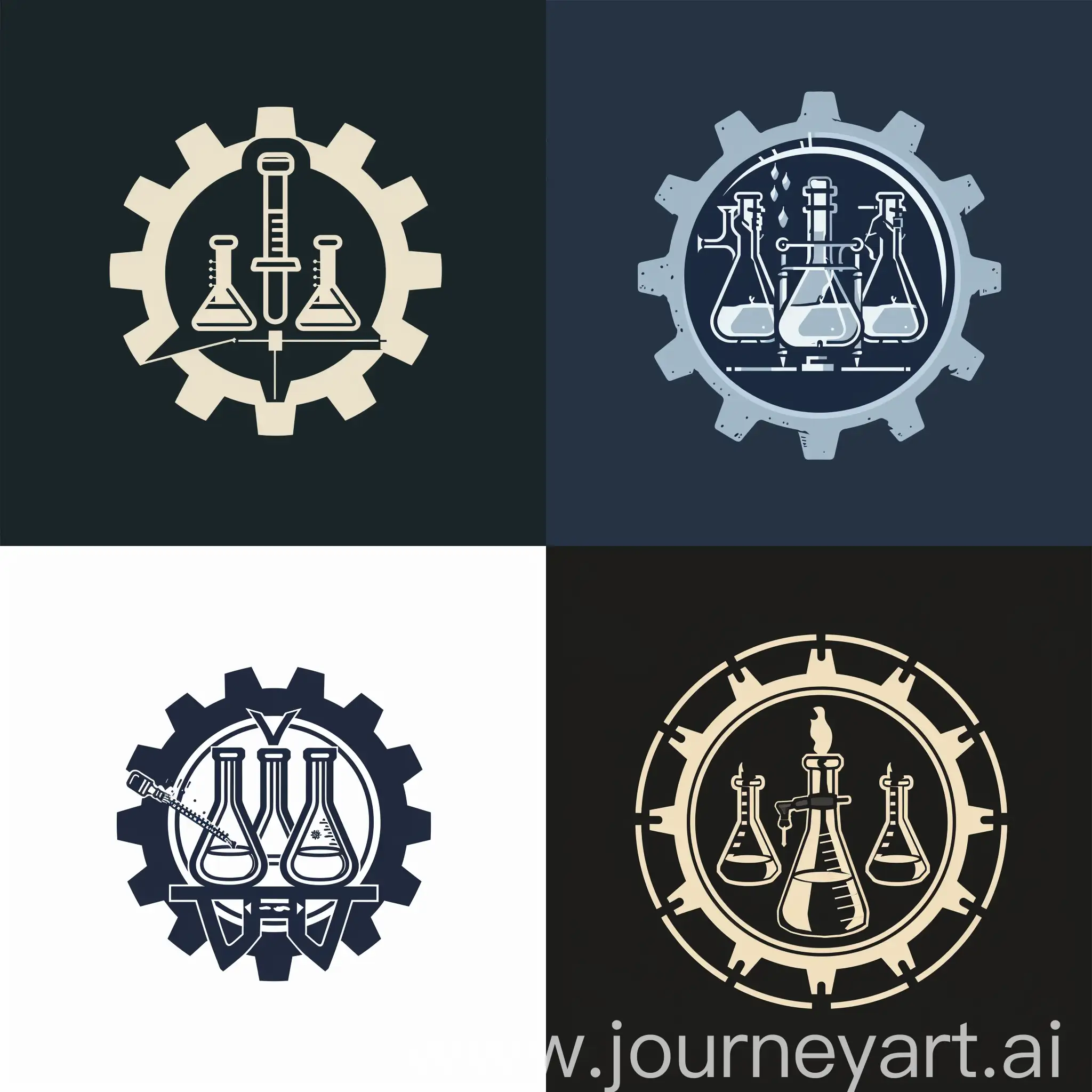 логотип химического предприятия, колбы в шестерне, реактивы, сварка