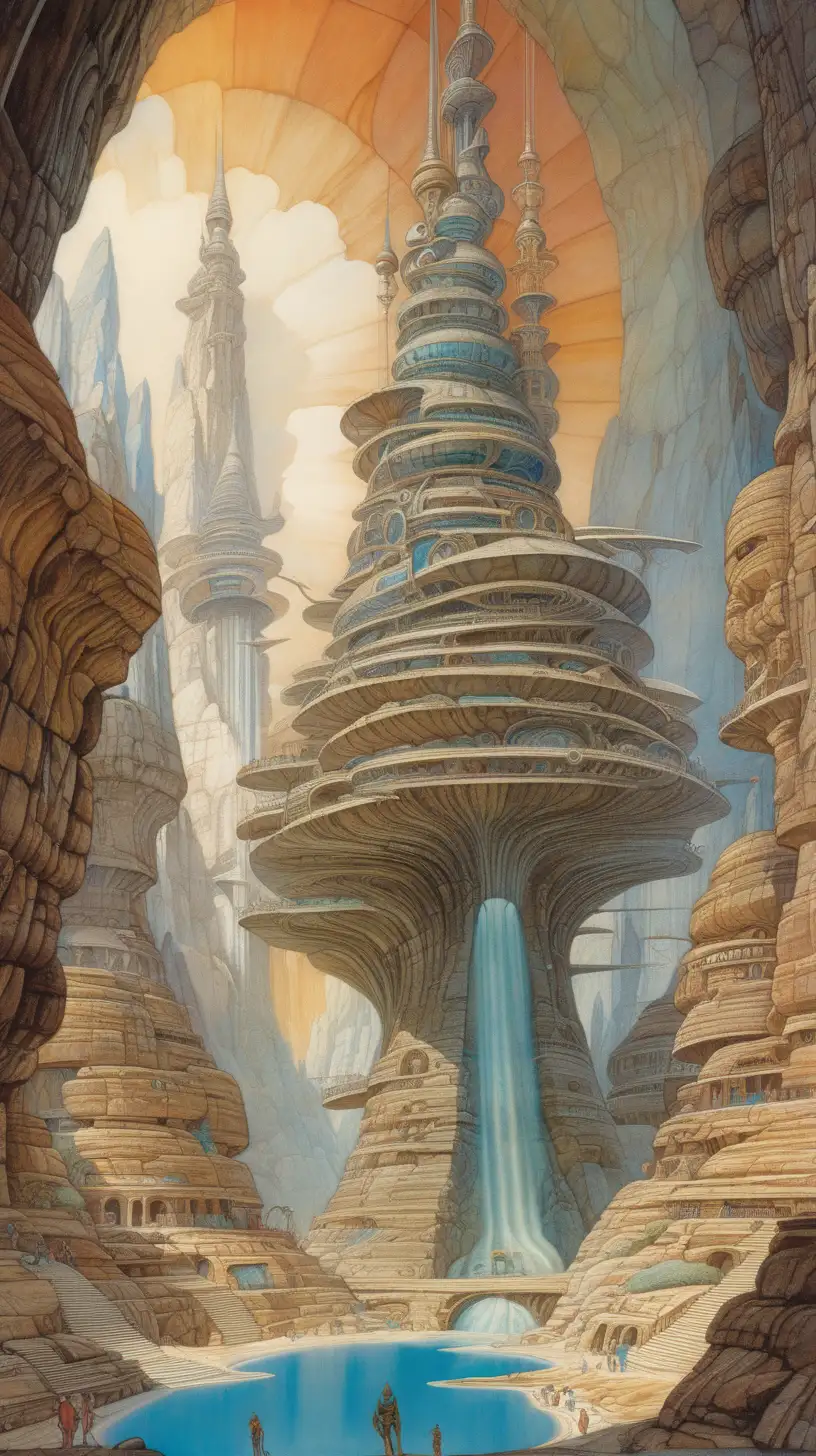 a fantasy temple sits on top of a cross section of surreal geological biome chart with concentric layers of colourful strata forming a surreal tiered geological formation whith an , colourful strata, underground tunnel network, swirling clouds, pools of water, on dark paper, by peter mohrbacher, tarmo juhola, ivan laliashvili, james gurney, moebius, roger dean a female space warrior by françois schuiten, by paul pope, by mead schaeffer