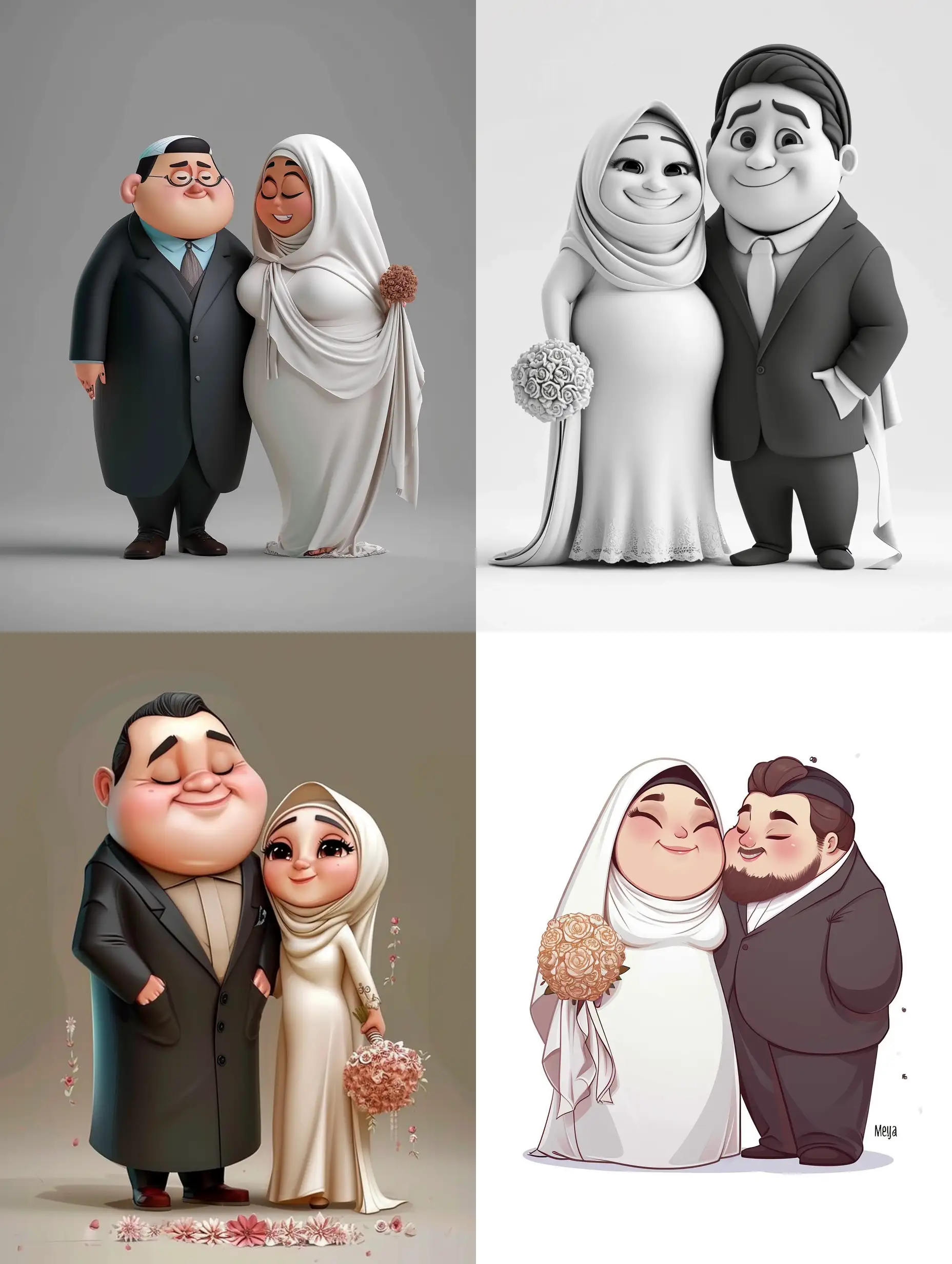 Cartoony-3D-Persian-Fat-Face-Man-and-Stylish-WhiteDressed-Wife-with-Hijab-Elegant-Couple-and-Beautiful-Bouquet