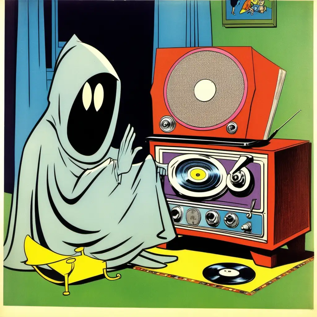 Enchanting Little Phantom Enjoying Vinyl Records in 1960s Cartoon Style