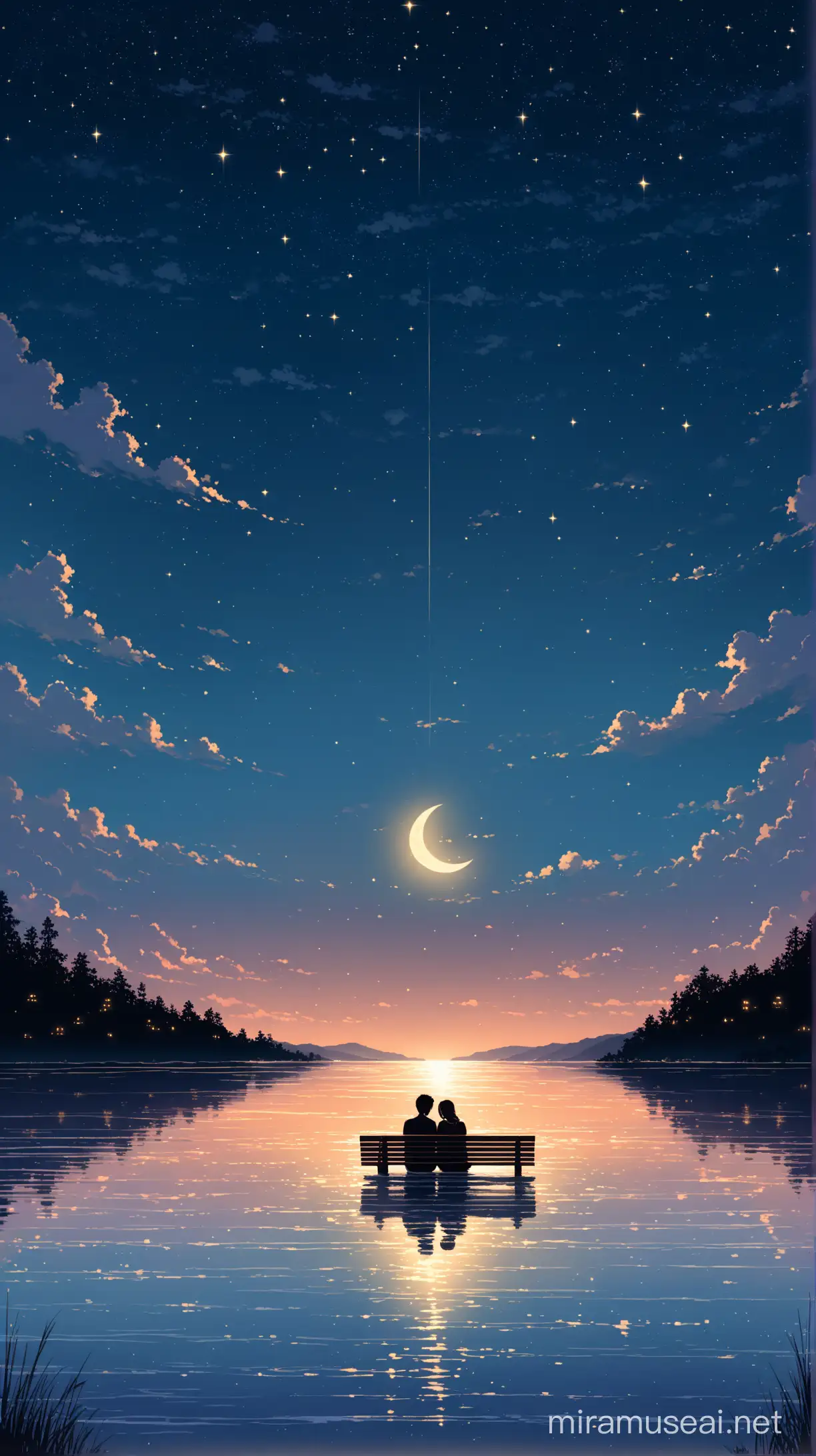 Romantic Couple Silhouetted by Moonlit Lakeside