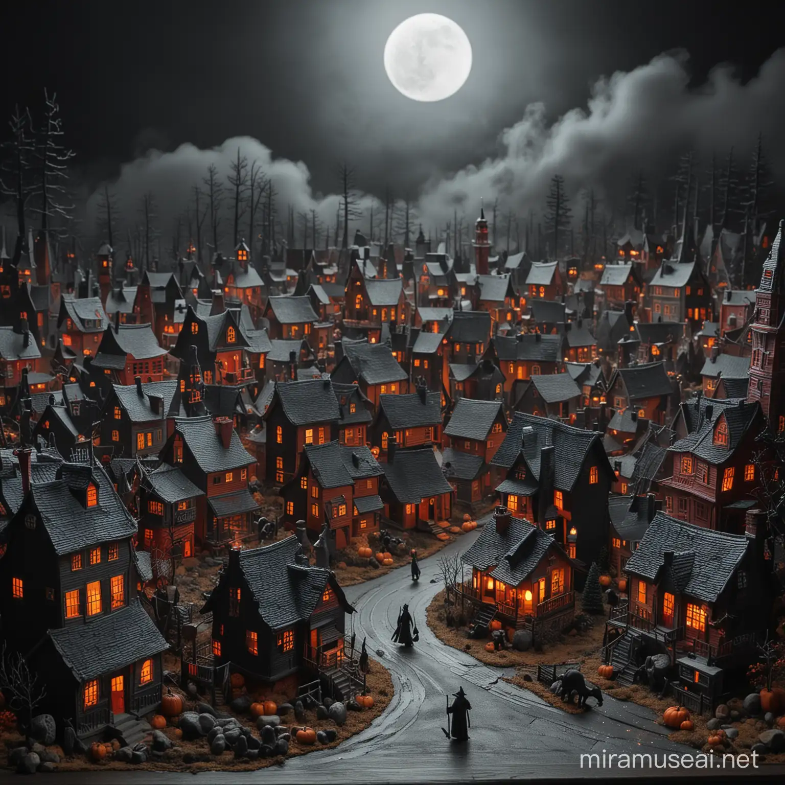 my little multidimensional diorama evil town, black cats, witches on brooms, tall skinny pumpkin men and white ghosts floating everywhere. Every house and building is of odd shapes and roofs are all colored black with red chimneys. Backdrop is an evil forest with a wicked moon and ly lying fog, brrrr it is cold outside and really spooky