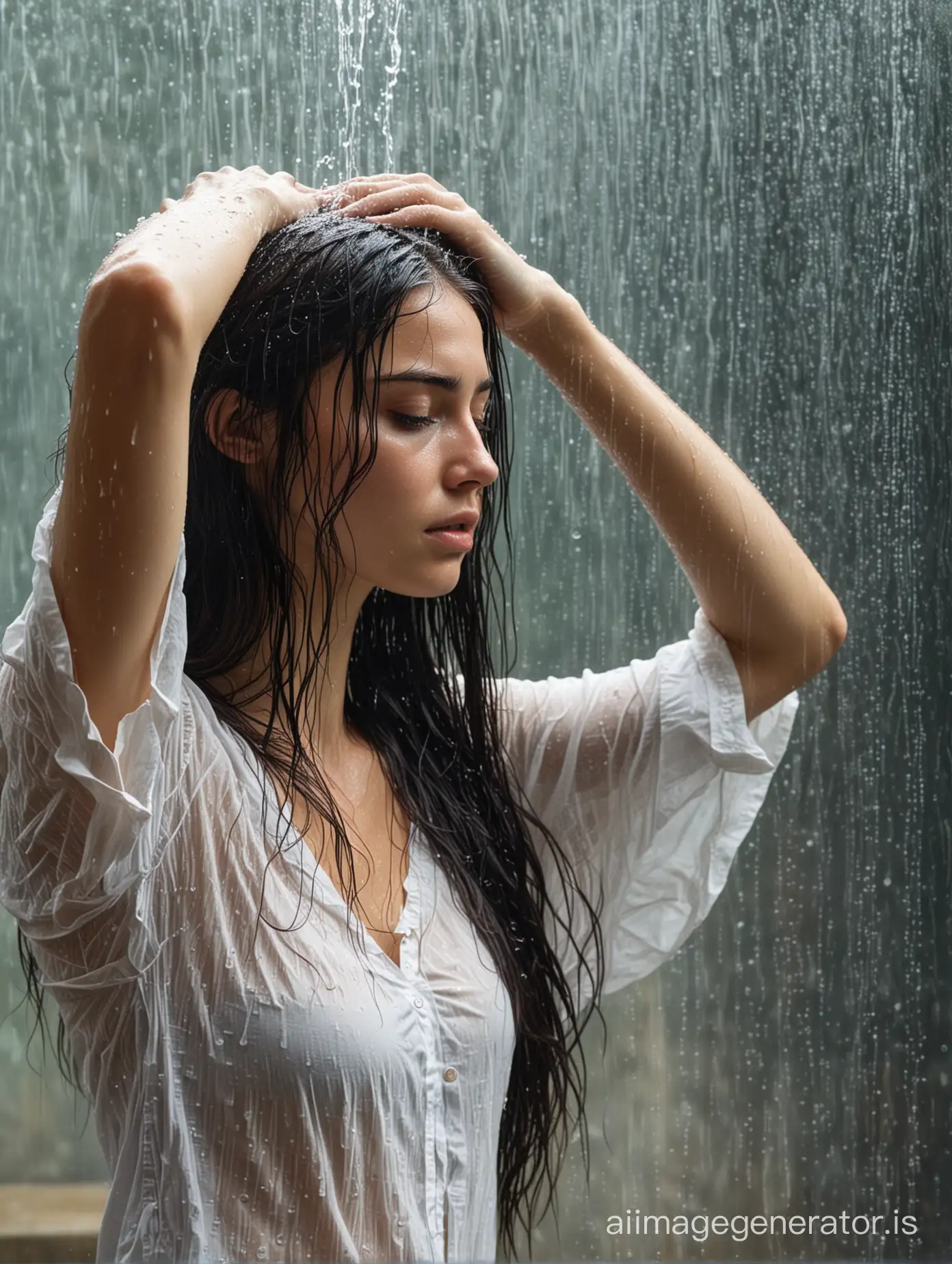 The girl with long dark hair and a thin wet shirt stands pressing her forehead against the glass, water streaming down.