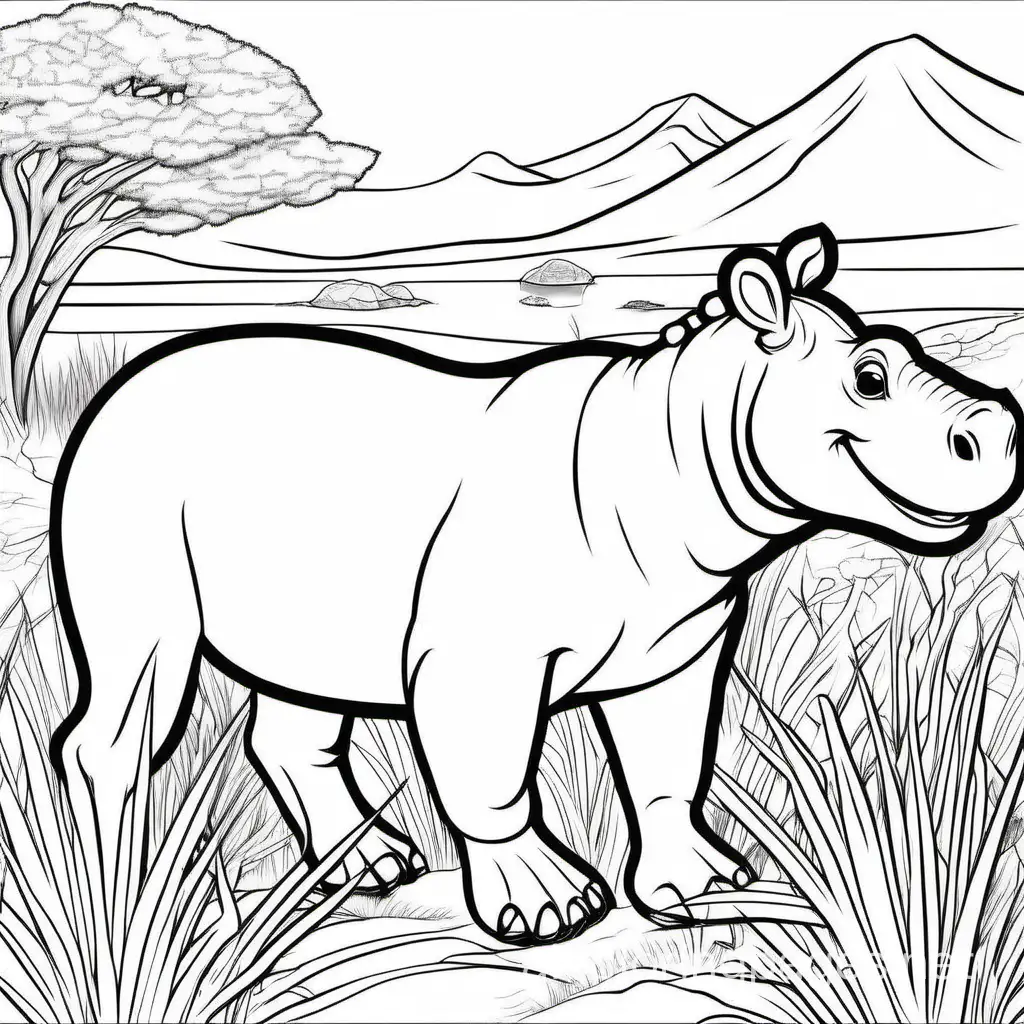 10 gazelle and hippo animals in action, coloring book page, clear thick outlines, savanna background, –no complex patterns, shading, color, sketch, color, Coloring Page, black and white, line art, white background, Simplicity, Ample White Space. The background of the coloring page is plain white to make it easy for young children to color within the lines. The outlines of all the subjects are easy to distinguish, making it simple for kids to color without too much difficulty
