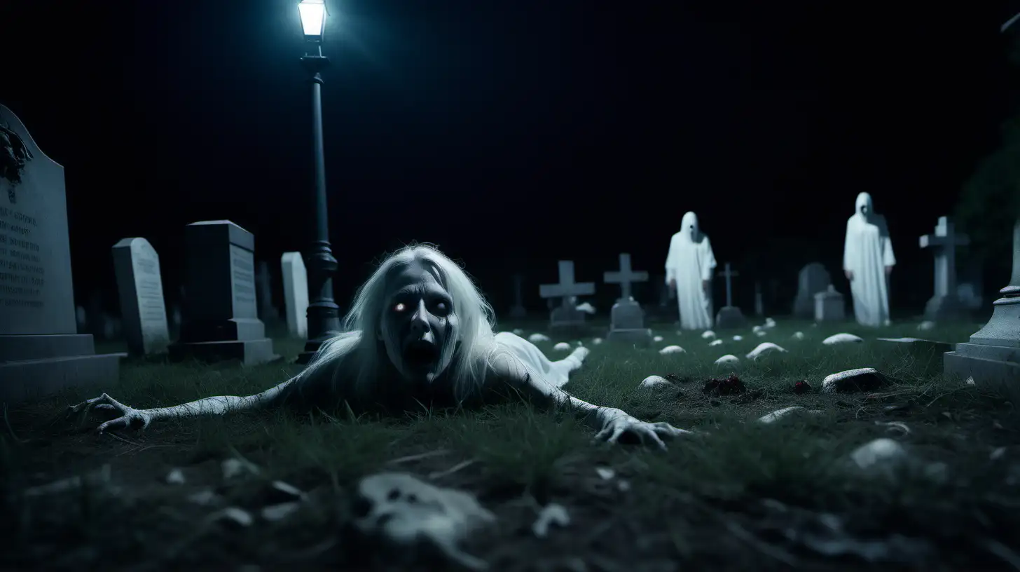 a cinematic scene, ultra realistic, film grain, IMAX 70mm film still, extra wide shot, ultra wide angle, cinematic color grading,  detailed faces, Extreme Long Shot, dramatic lighting, captured by Canon Cinema EOS, creepy white creature crawling ground from a distance in cemetery at night  --v 5 --style raw