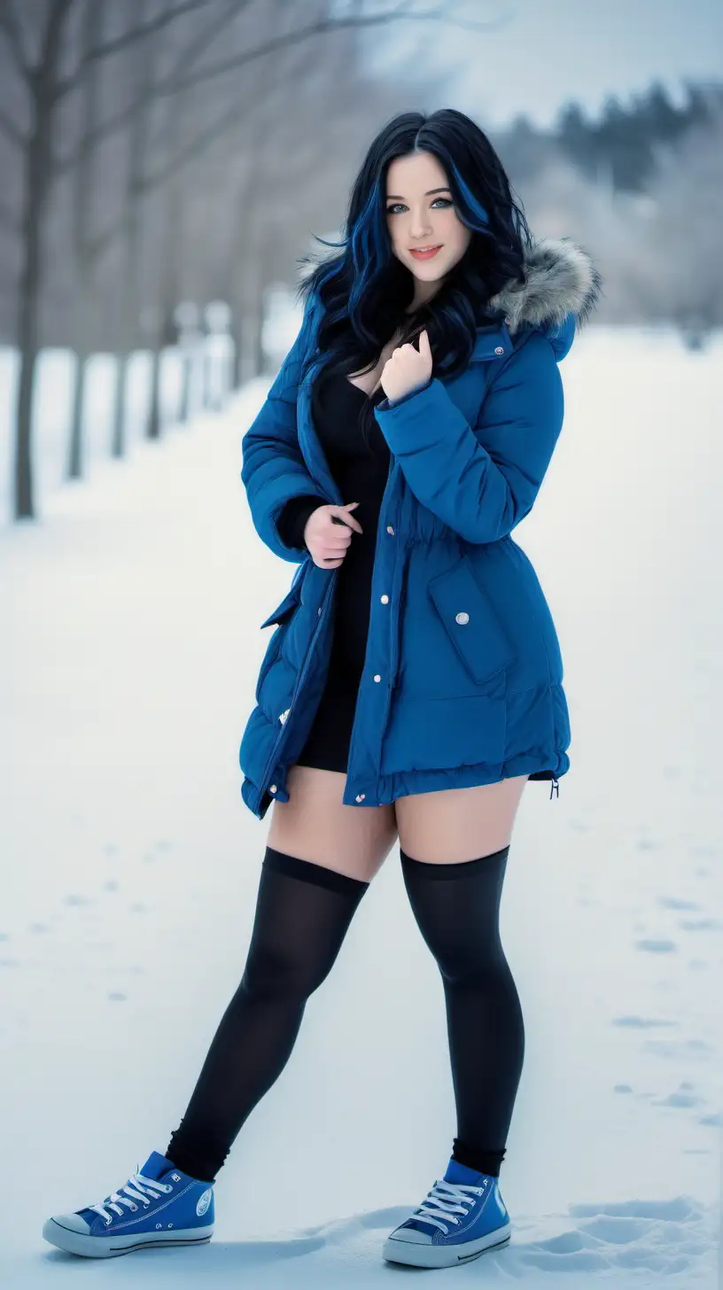 female, young adult, black and blue hair, long hair, pretty, curvy, short, thick, photographic, freckles, sexy, cute, elegant, winter background, full body visible, sexy smirk, sneakers, winter coat, sexy pose, 