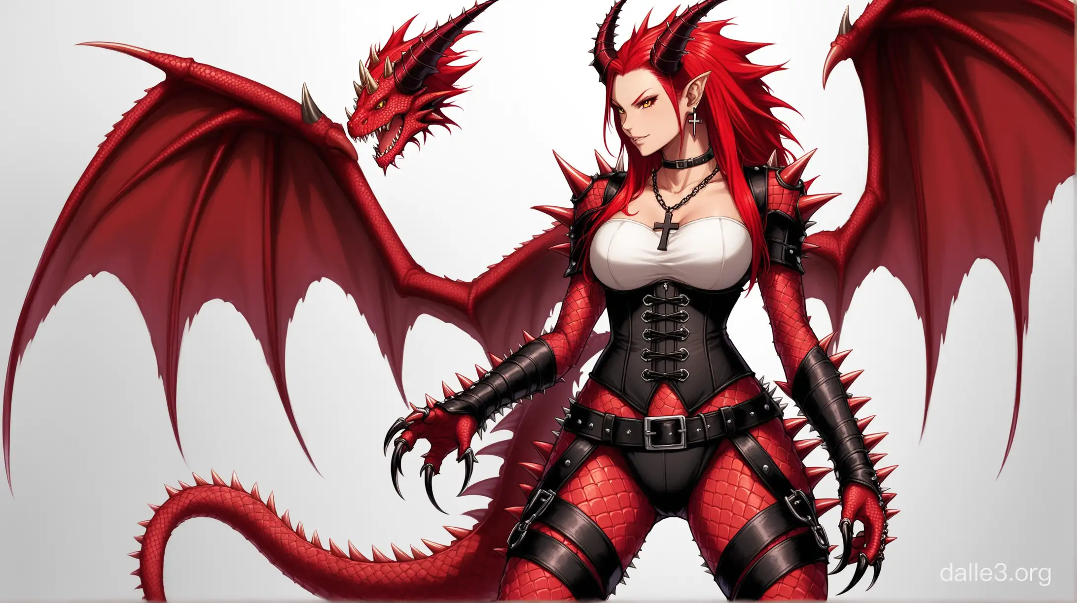 tall adult woman, red spiky hair that is waist length, black corset, cross necklace, red dragon wings, red horns, red skin and claws, red spiky reptilian tail