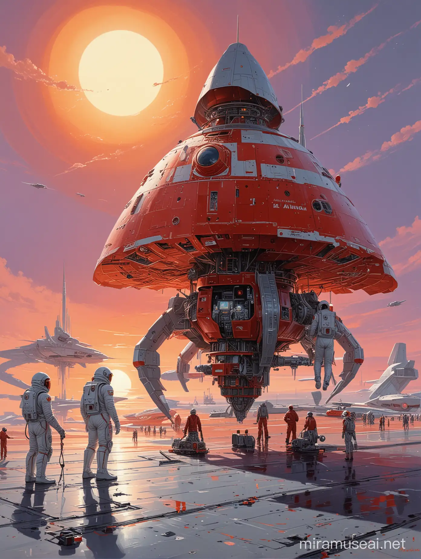 A breathtakingly intricate (((painting))) in the style of "Interstellar Queen from Spacecraft 2000-2100AD" by Angus McKie, a spaceport with spacesuited workers performing maintenance on a grey runway, futuristic spacecraft are parked in the background, a red sun in the sky, use muted pastel colors only, high quality