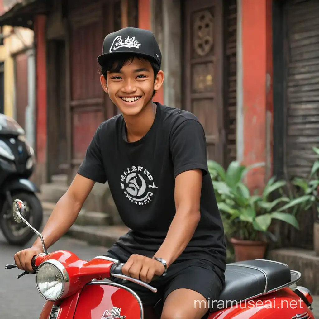 Smiling Javanese Man on Red Vespa Scooter