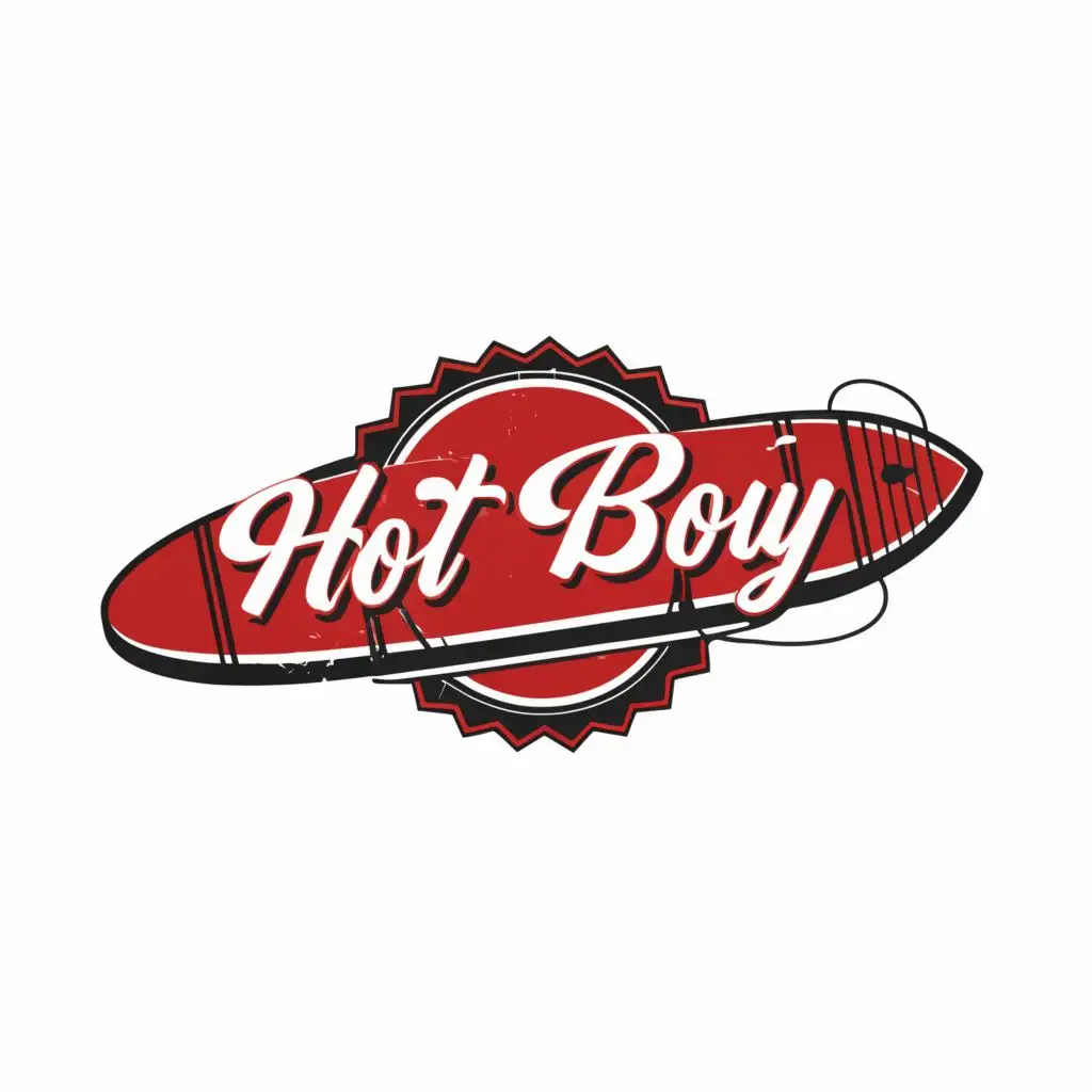 logo, surfing board behind the name red, with the text "hot boy summer", typography