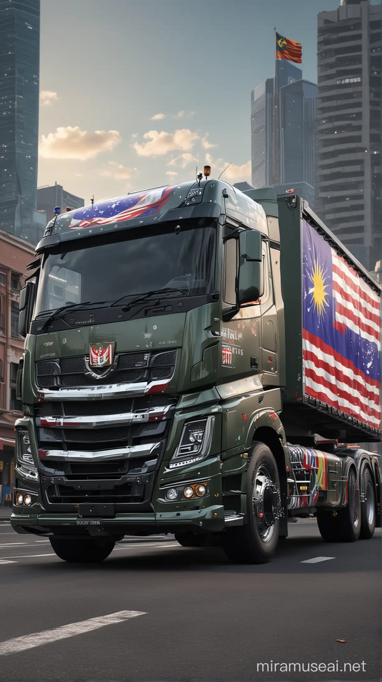 Buatkan gambar animasi,truck mewah , dengan cat keseluruhan bagian truck, bertema bendera Malaysia, latar belakang perkotaan, fullbody, wide, 4k, resolusi 