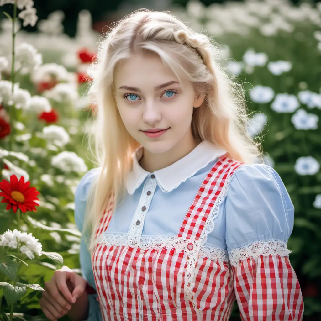 Eighteen years old girl, soft smile, with blonde thin hair, and light blue eyes, wearing a farmer style vichy white and red dress with long sleeves and lace details. She is on a beautiful flower garden colorful 