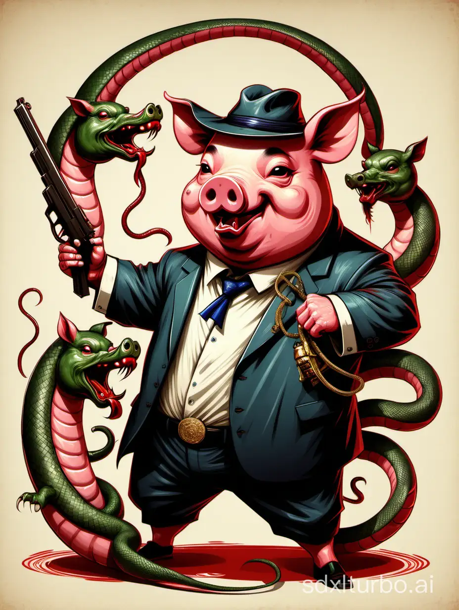 chinese style, a gangster pig, holding a gun, a serpent, fighting each other
