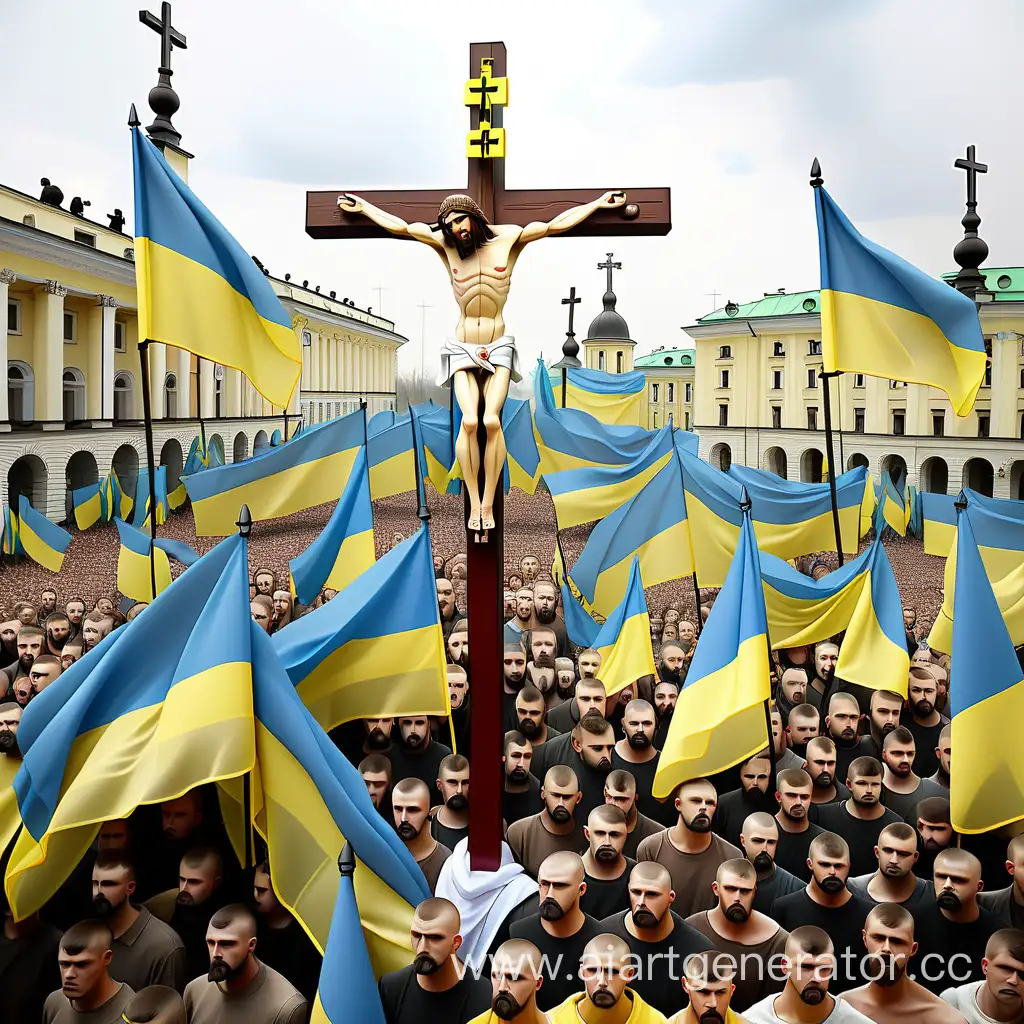 Украинская толпа с флагами Украины распяла Иисуса Христа
