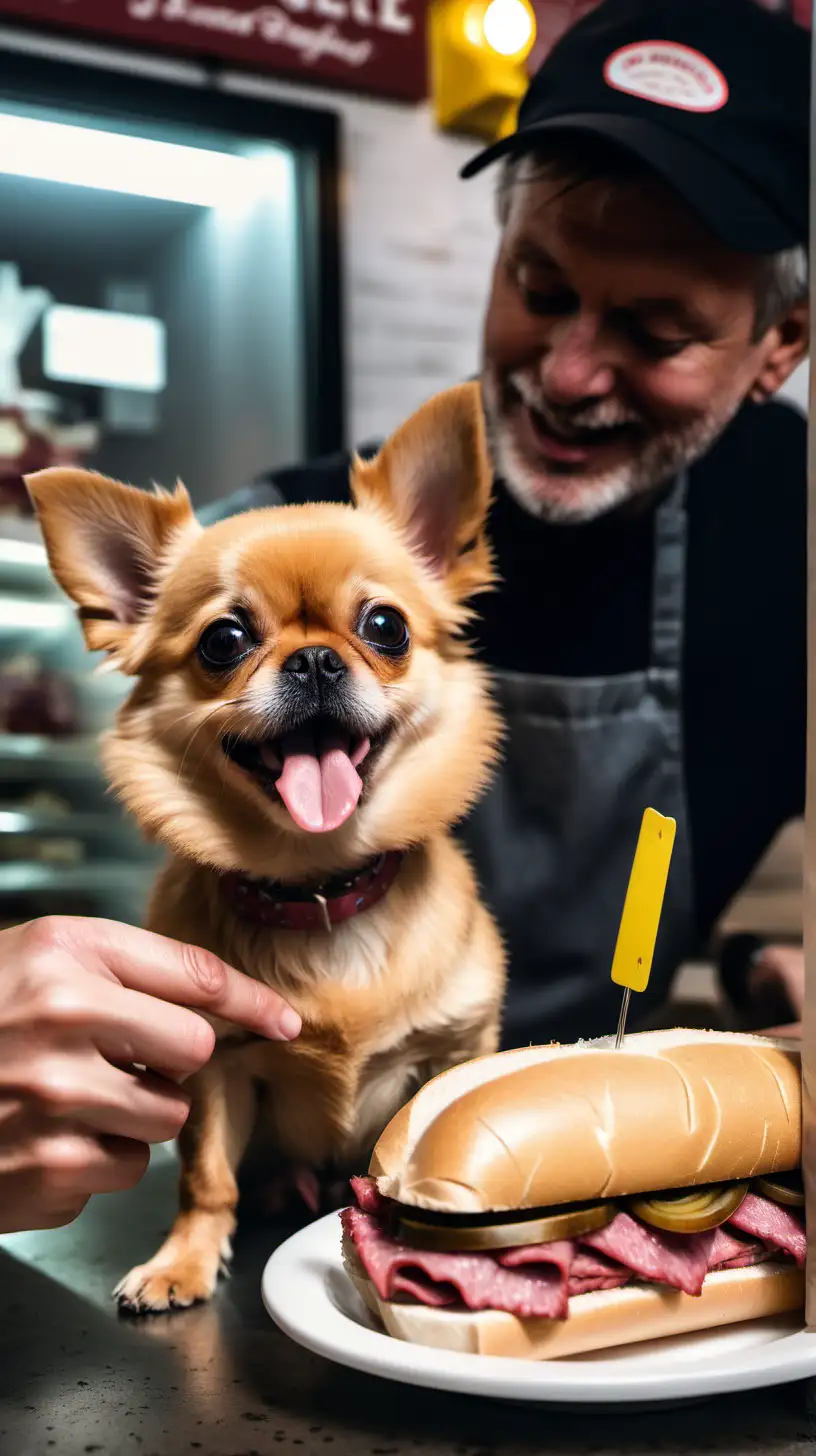 image of a small dog, with pet parent, getting a pastrami sandwich at a sandwich shop