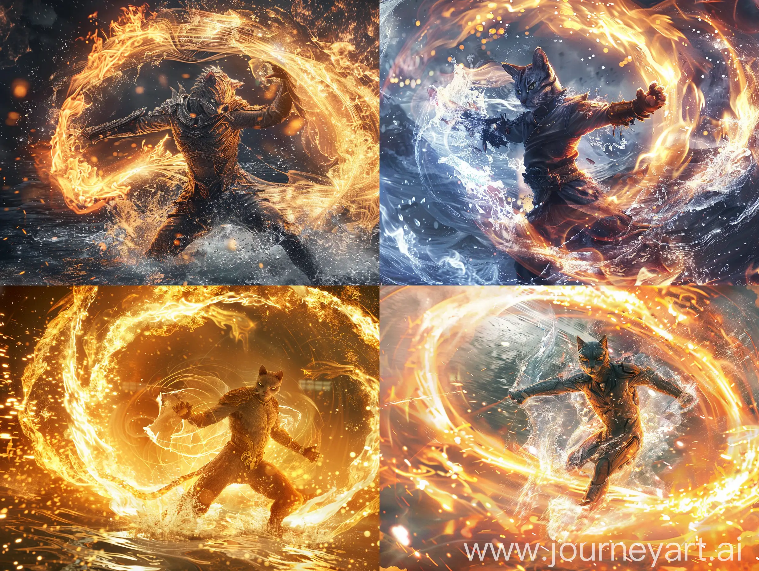The cat knight performs a move surrounded by water and fire that swirls around him, avatar movie style, full body shot, side view
