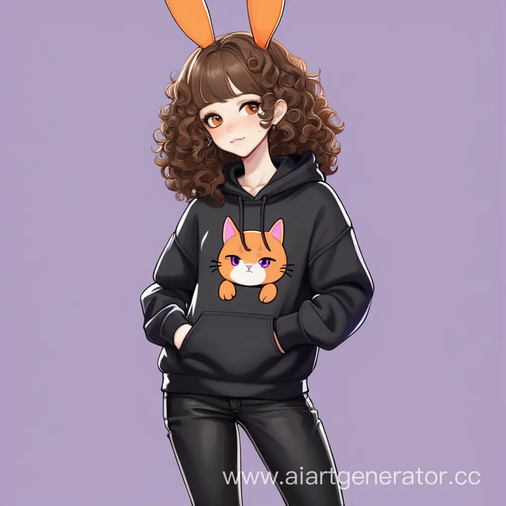 Stylish-Young-Woman-with-Orange-Bunny-Ears-and-CatPatterned-Hoodie