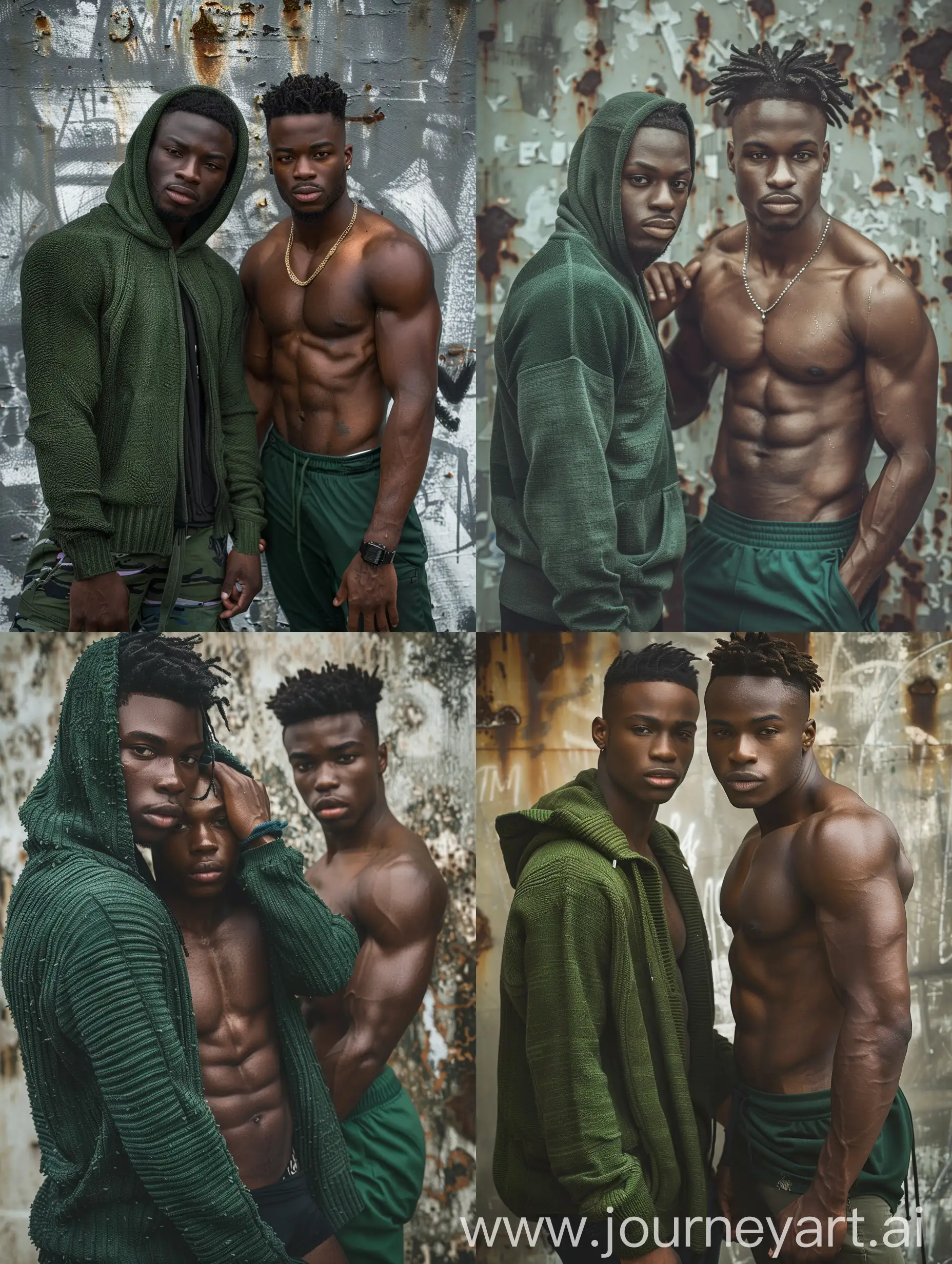 Deux beaux mecs afro américain en train de poser devant un mur. Ils sont habillés en streetwear, l'autre à un pull sans capuche vert et l'autre des abdominaux. L'image est réaliste et prise par un téléphone