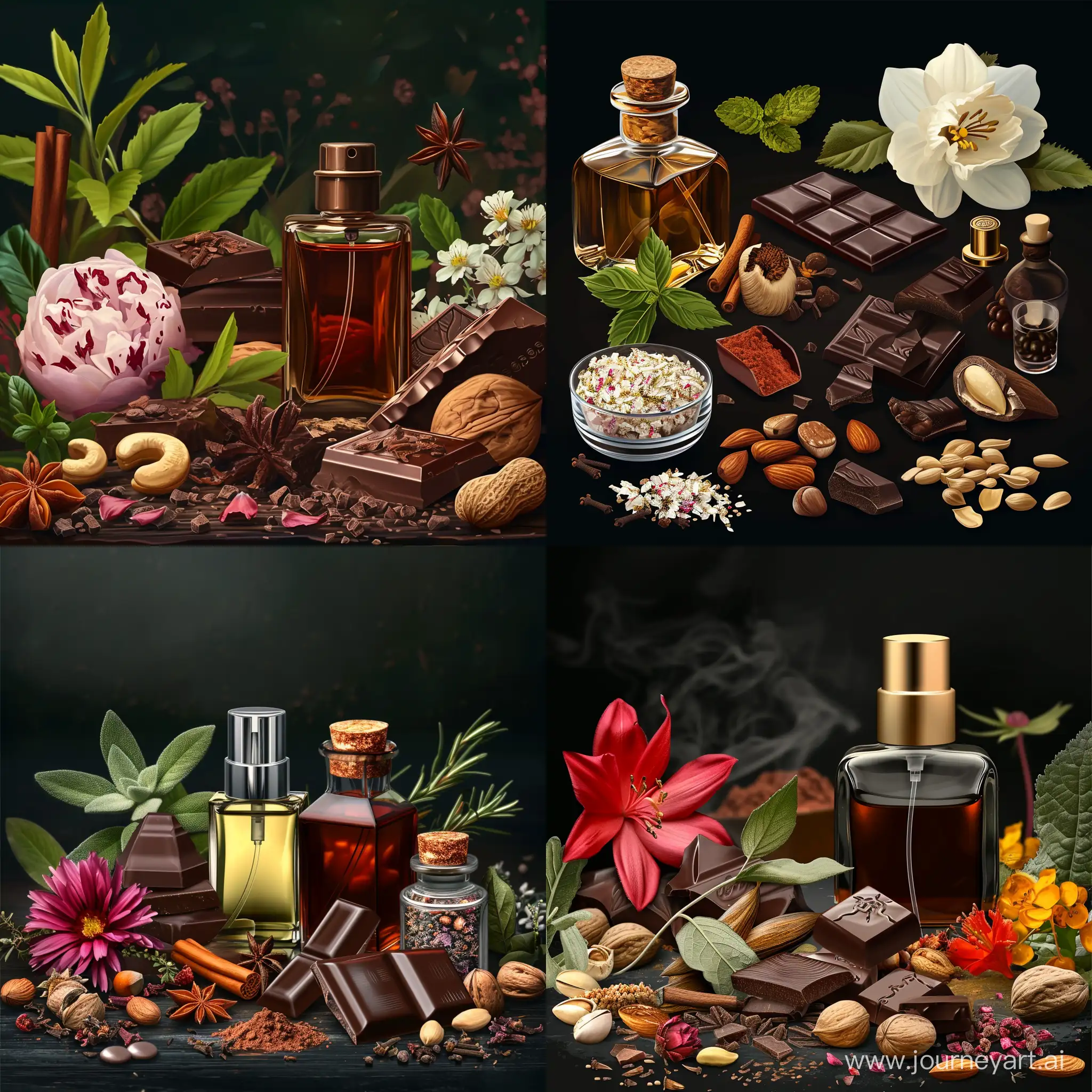 парфуми, лікарські трави, рідкісні квіти, шоколад, горіхи, спеції, реалістичний, детальний, темний загадковий фон, атмосферний