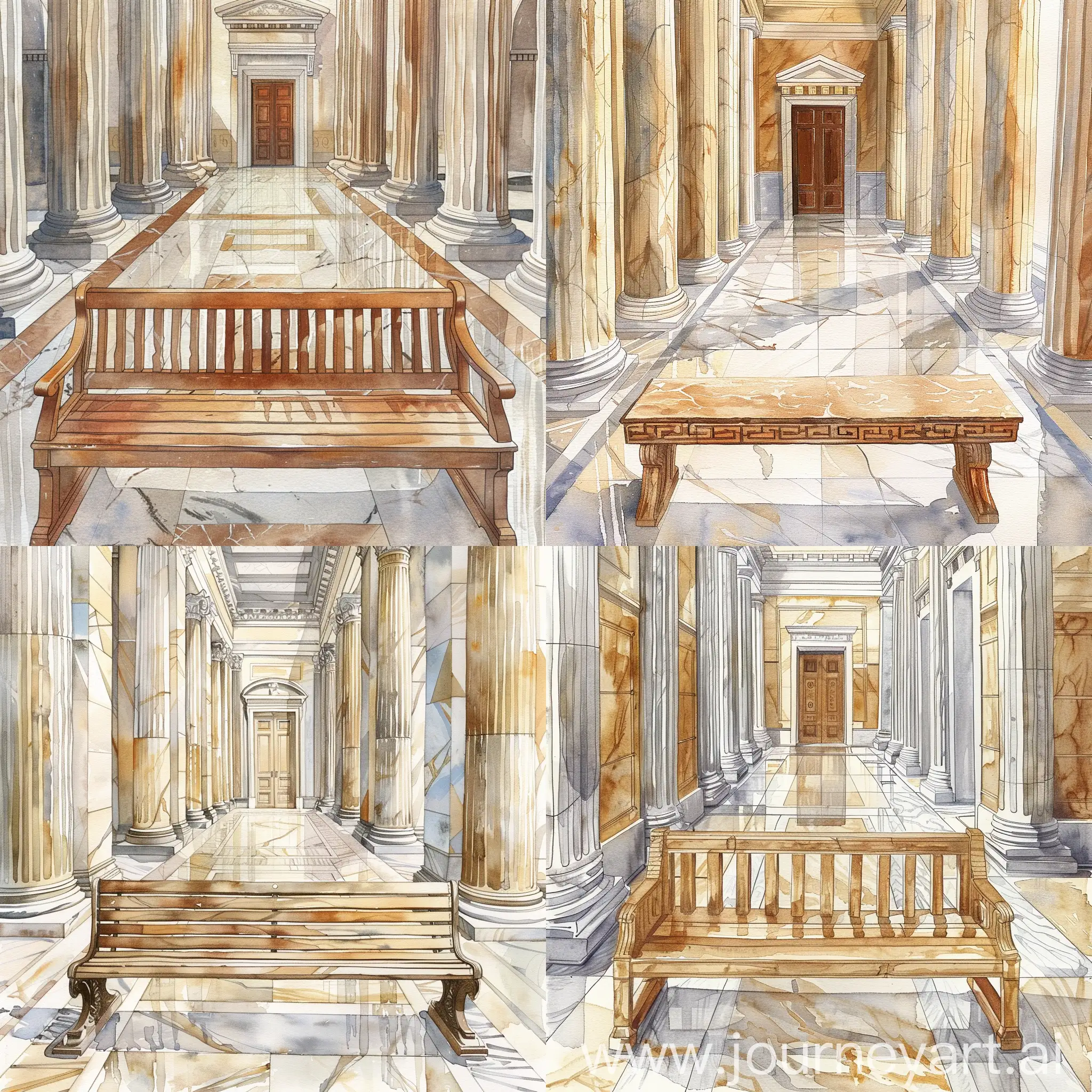 watercolor illustration of a bench without armrests in Roman hall, marble floor, Greek columns, corridor with Roman door at the back, paster colors, high quality details and clear lines