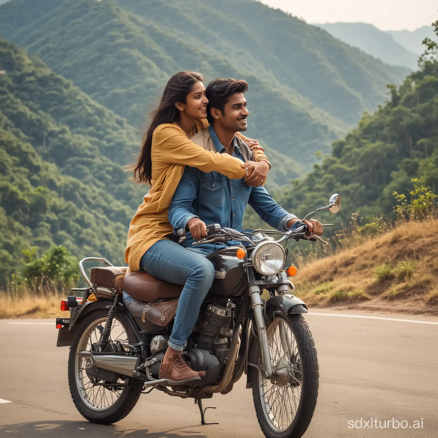 young indian couple travelling in bike at hill station road. lady is ditting back seat and hugging the man who is riding bike