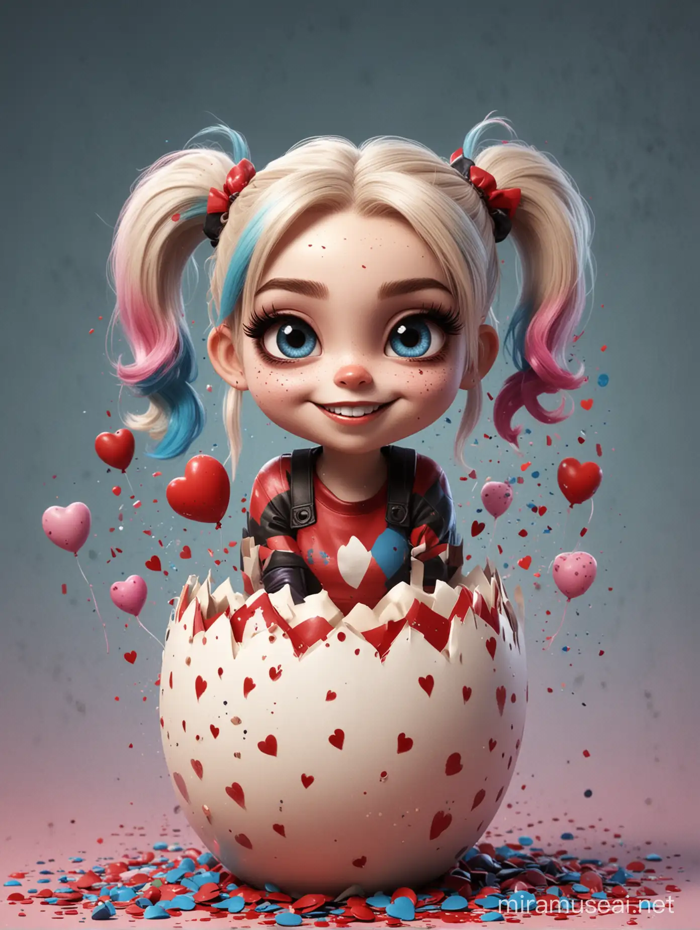 Chibi Style Baby Harley Quinn Hatching with Spiderweb Egg