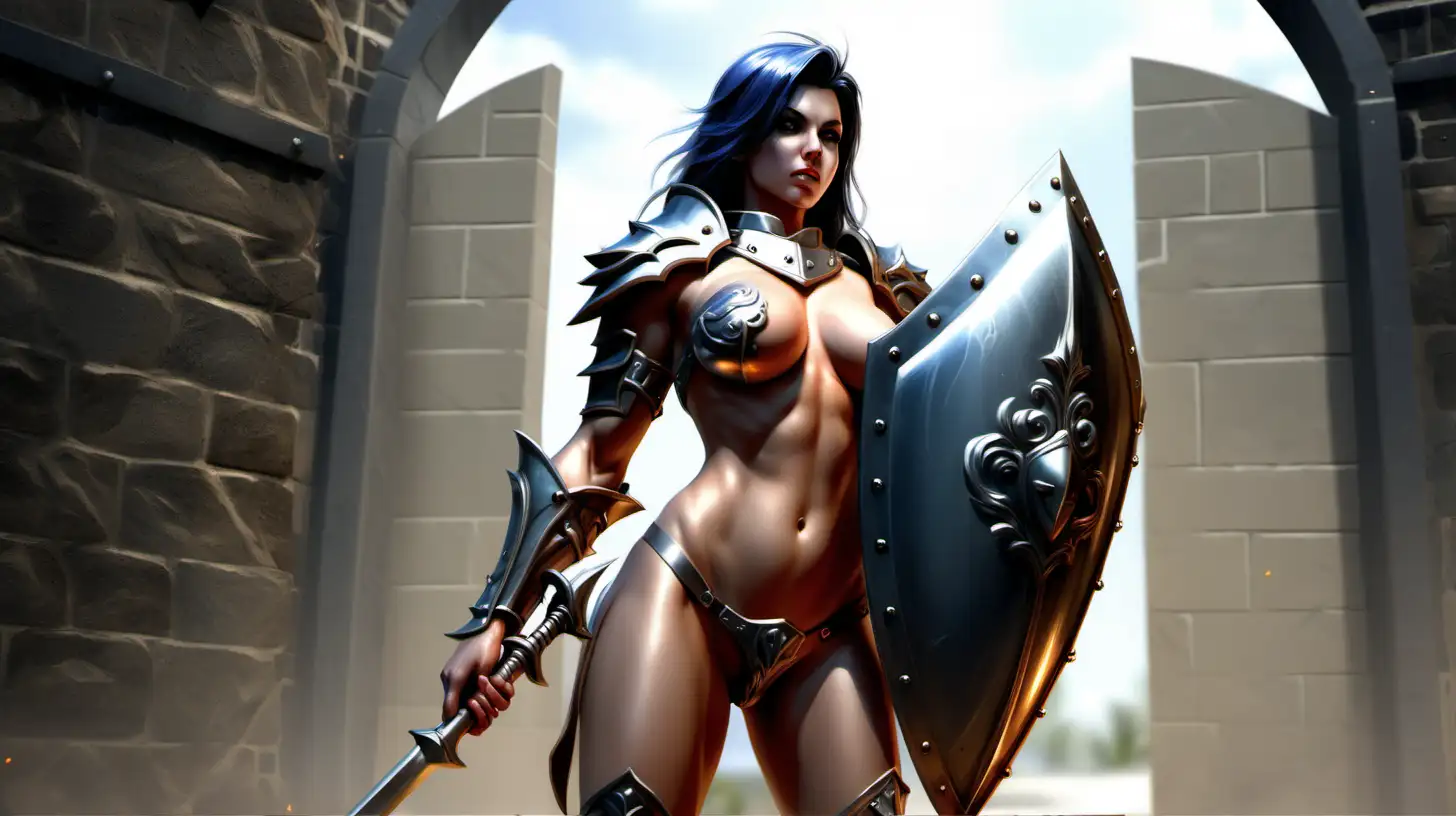 Holy Female Paladins Guarding Gate Naked Muscular Warriors in Shiny Armor with Shield Helmet and Spear