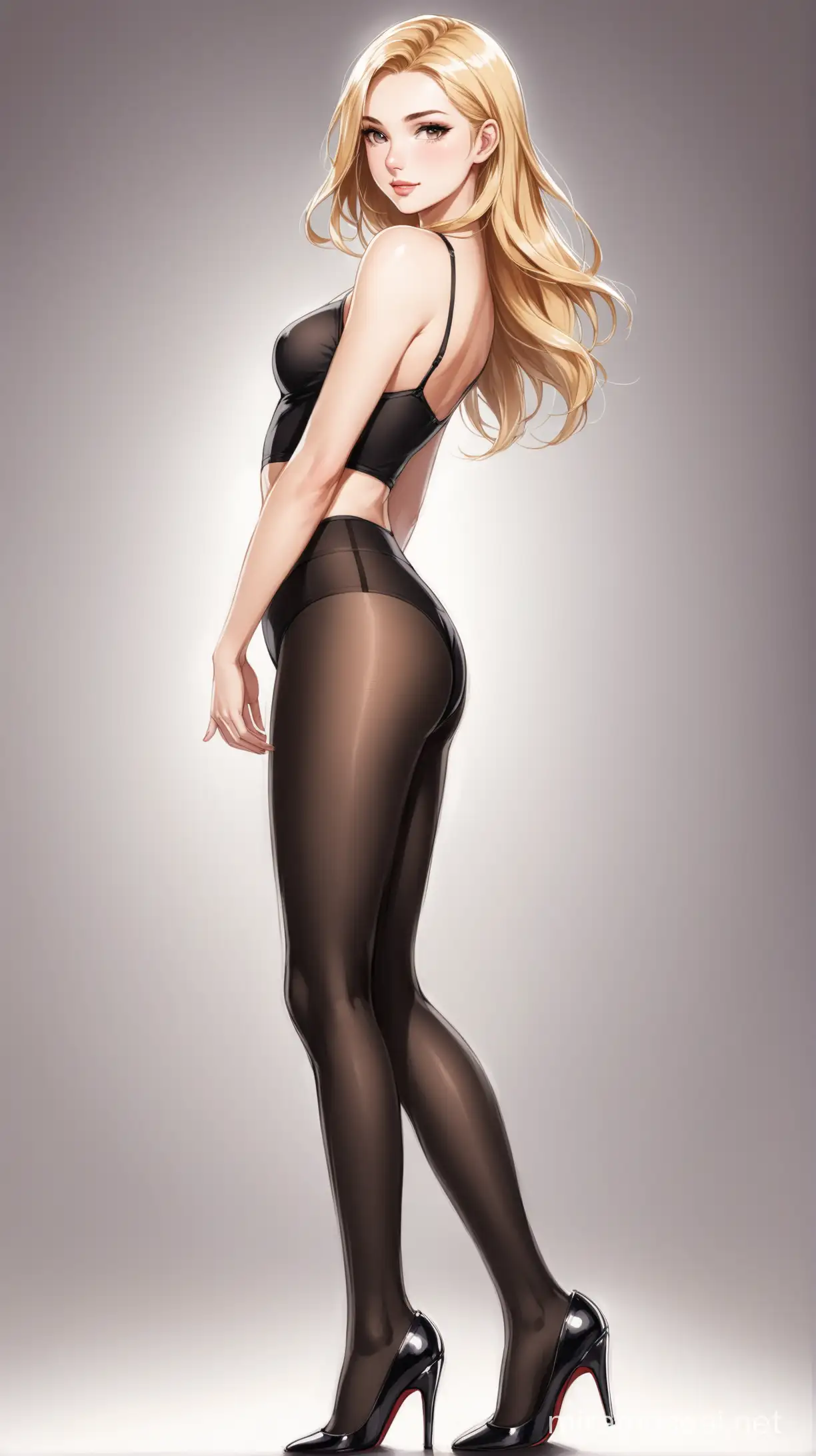 A young white woman with a beautiful face, blonde hair, wearing black tights, mid-length underwear, and high heels.