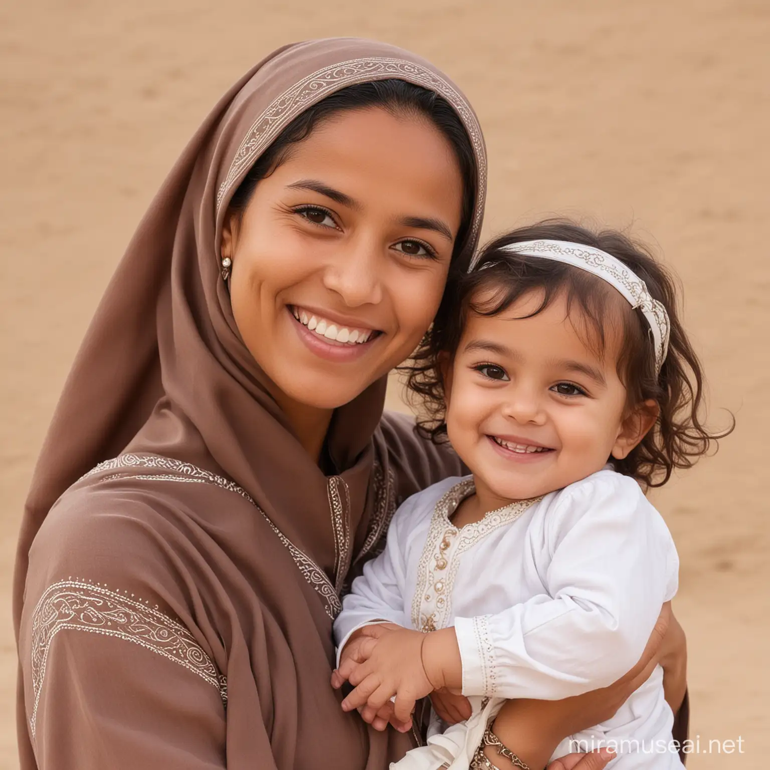 Joyful Omani Mother with Girl Kid and Baby Smiling