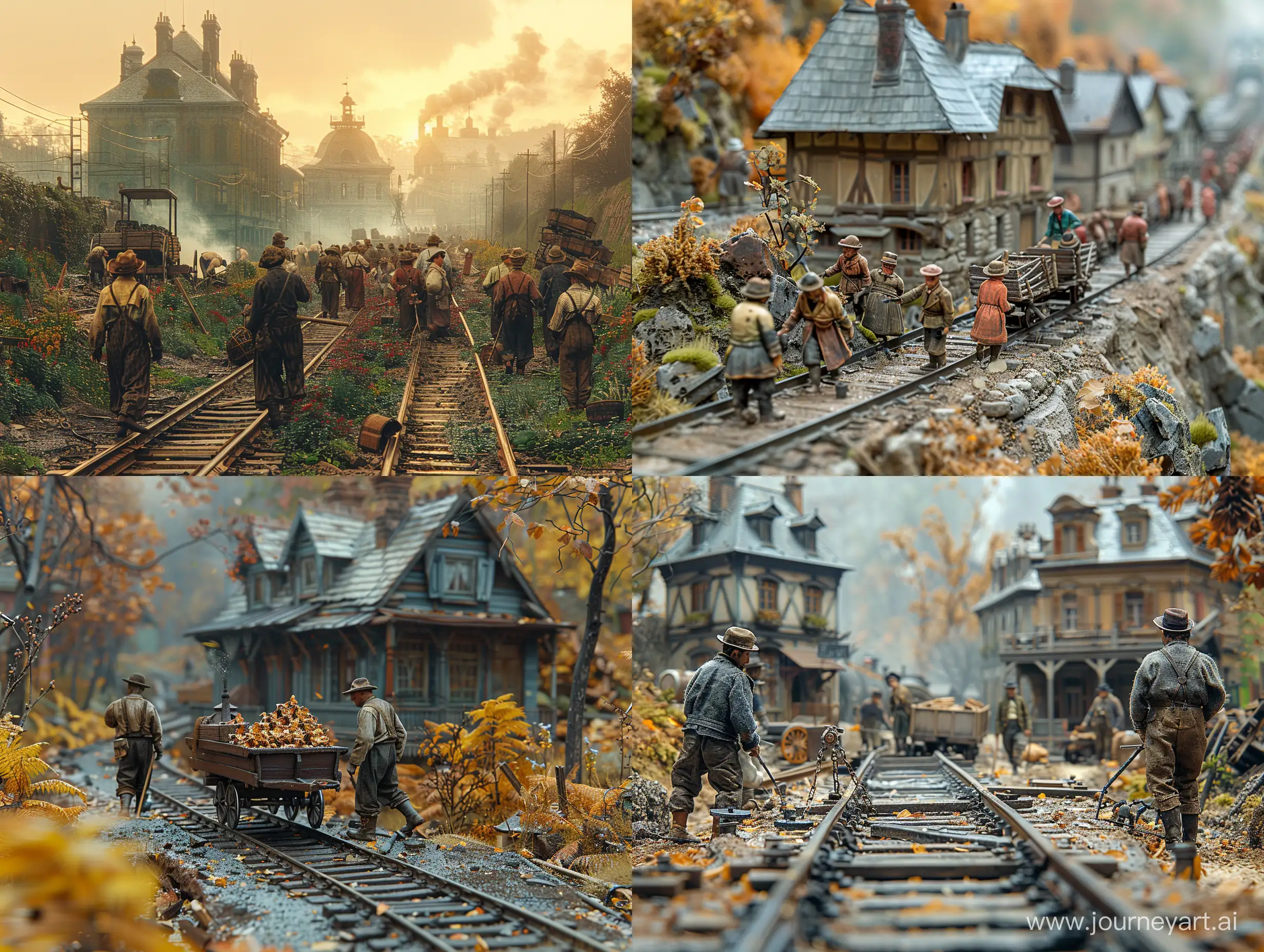  realistic  Railway workers  in 1850 doing their daily work on the railway in normal conditions, with realistic and precise details in a beautiful and harmonious image with professional effects, background blur, precise details and creativity. highly detailed --style raw --stylize 750.