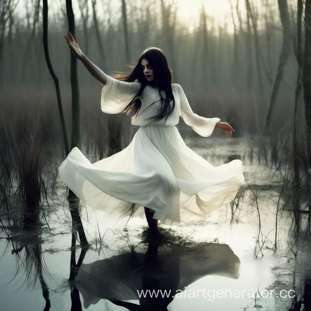 Танцующая черноволосая девушка на болоте , в белом легком платье 