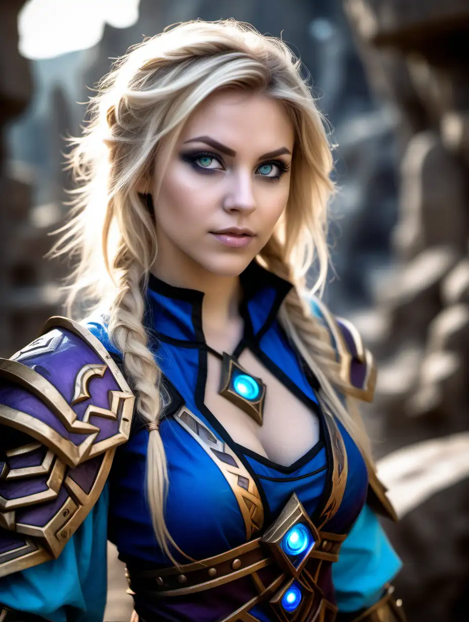 Beautiful Nordic woman, very attractive face, detailed eyes, big breasts, slim body, dark eye shadow, messy blonde hair, wearing an World of Warcraft Mage cosplay outfit , close up, bokeh background, soft light on face, rim lighting, facing away from camera, looking back over her shoulder, standing in front of ancient alien ruins made of stone, photorealistic, very high detail, extra wide photo, full body photo, aerial photo