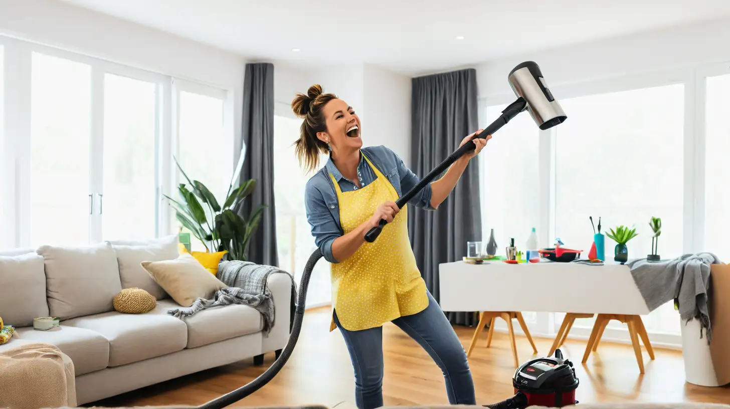 Image of only one young mum in her mid-20s standing in the center of a super messy living room, holding a vacuum cleaner and singing like a rockstar. The mum is dressed casually yet stylishly with her hair tied back in a messy bun.The atmosphere is lively and energetic, with vibrant colors and dynamic lighting to enhance the sense of movement and excitement. The mom's expression radiates empowerment and pride as she rocks out in her role as the reigning queen of household chores.